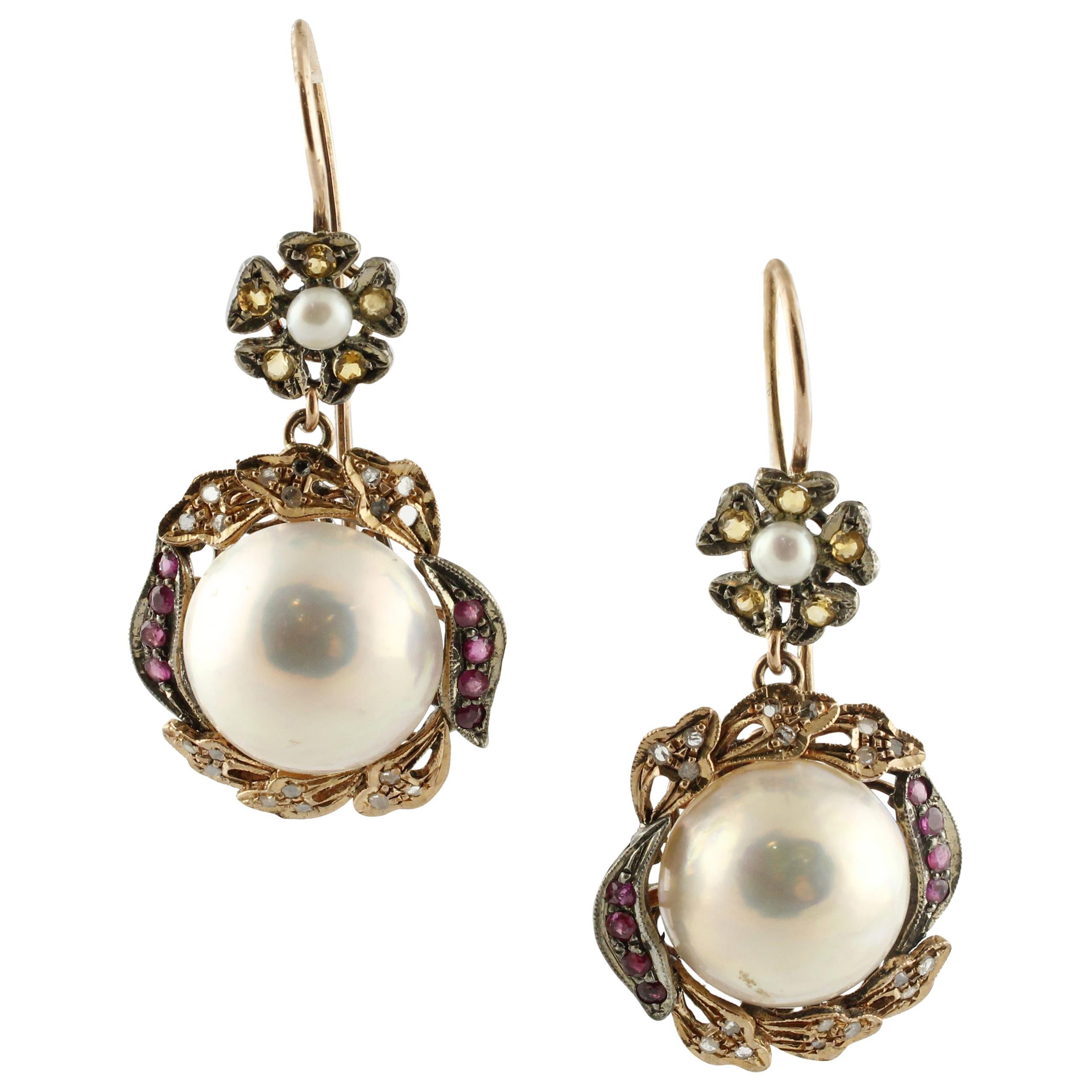 Diamonds Rubies Yellow Sapphires Pearls Rose Gold and Silver Earrings