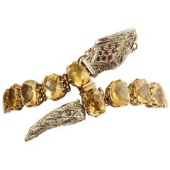 Vintage Diamonds Rubies Yellow Topaz Rose Gold and Silver Snake Link Bracelet