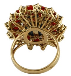 Diamonds, Oval Shape Red Corals, Kyanite, 14 Karat Rose Gold Flower Ring