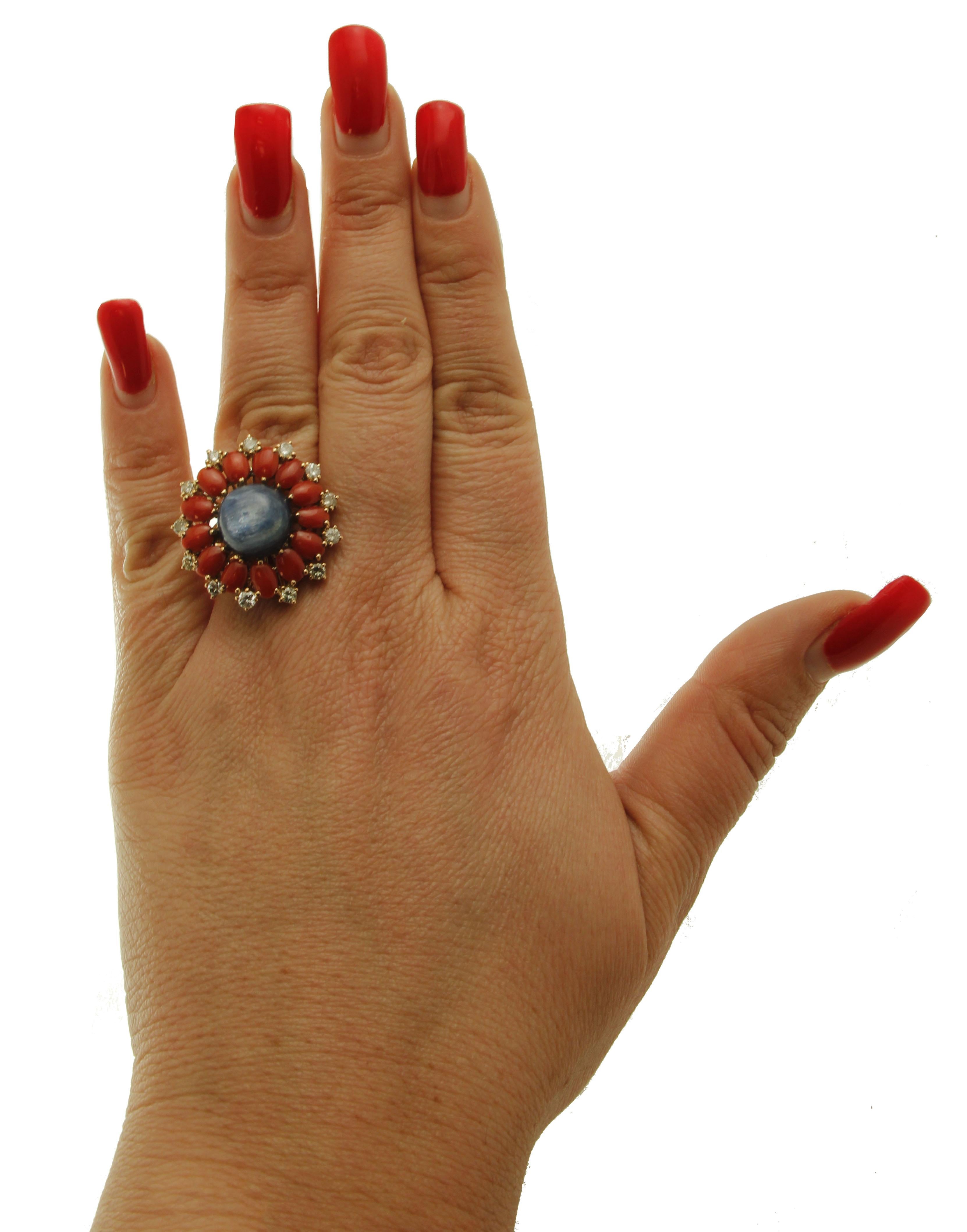 Retro Diamonds, Oval Shape Red Corals, Kyanite, 14 Karat Rose Gold Flower Ring For Sale