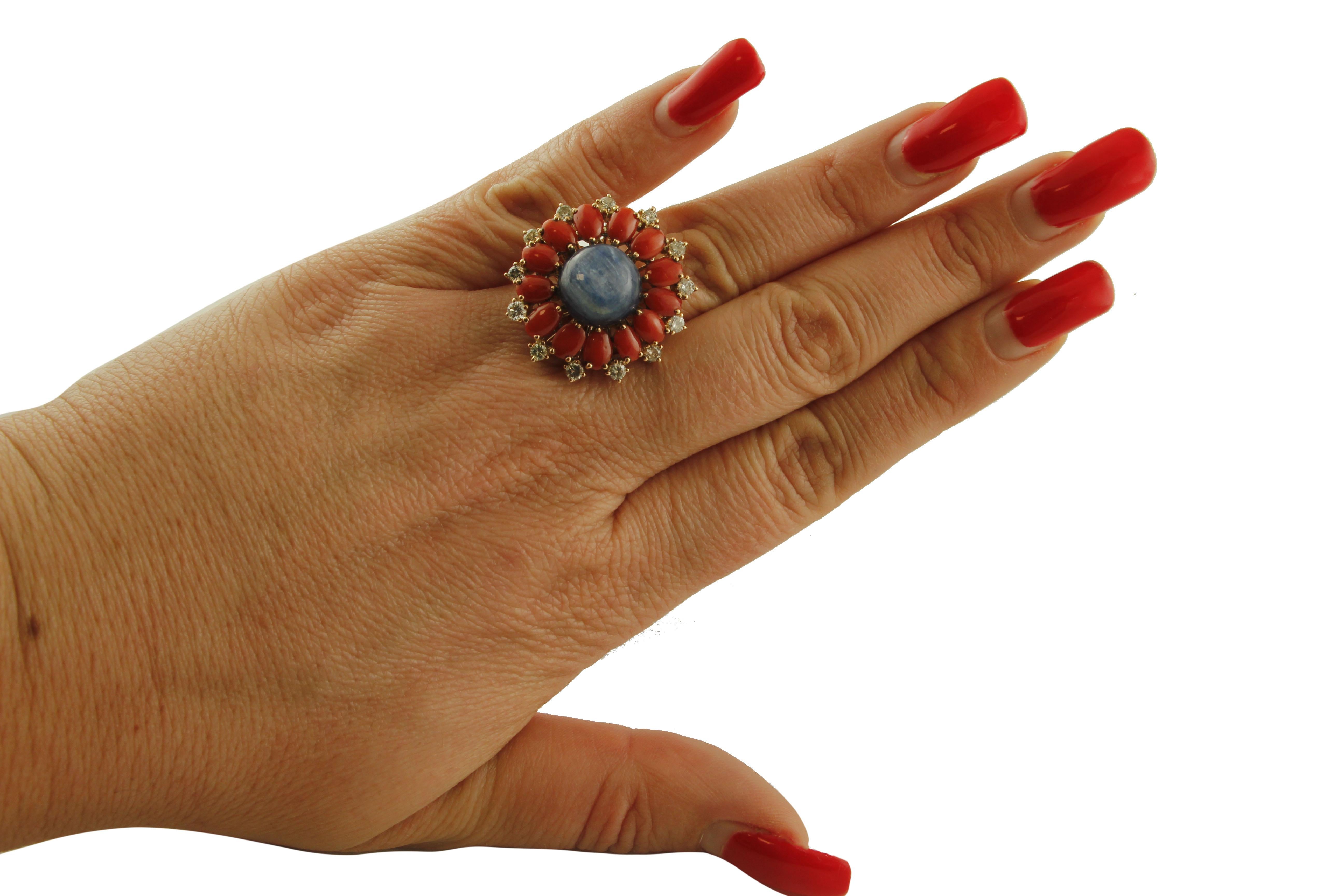 Mixed Cut Diamonds, Oval Shape Red Corals, Kyanite, 14 Karat Rose Gold Flower Ring For Sale