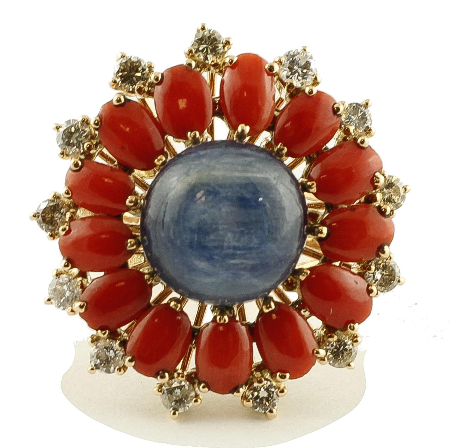 Diamonds, Oval Shape Red Corals, Kyanite, 14 Karat Rose Gold Flower Ring For Sale