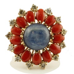 Vintage Diamonds, Oval Shape Red Corals, Kyanite, 14 Karat Rose Gold Flower Ring