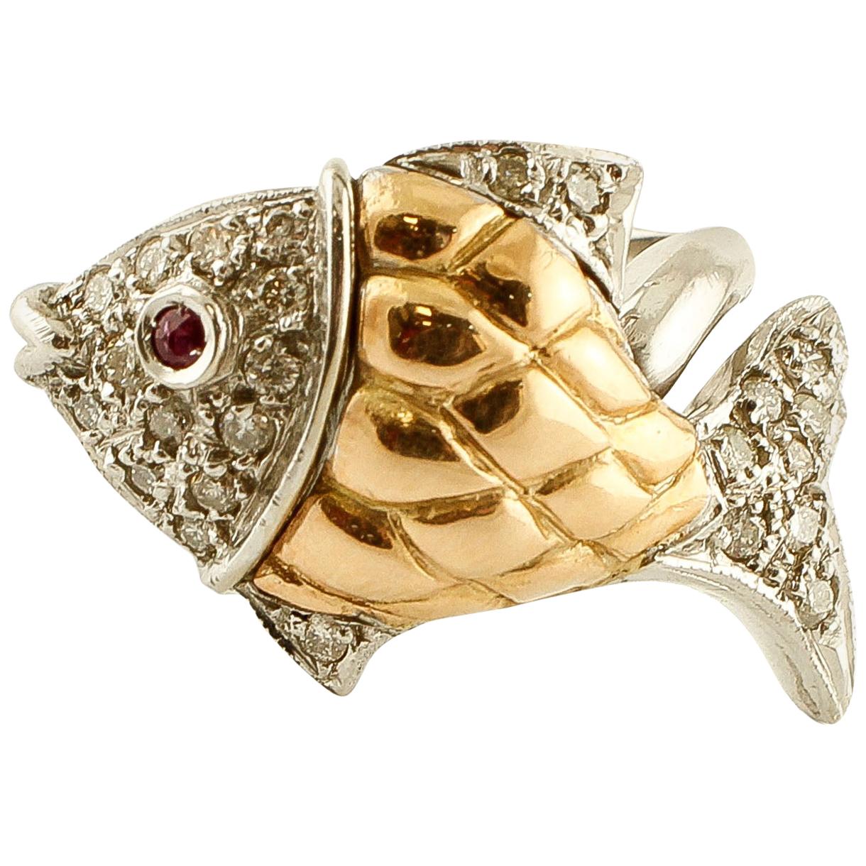 Diamonds, Ruby, 14 Karat White and Yellow Gold Fish Ring