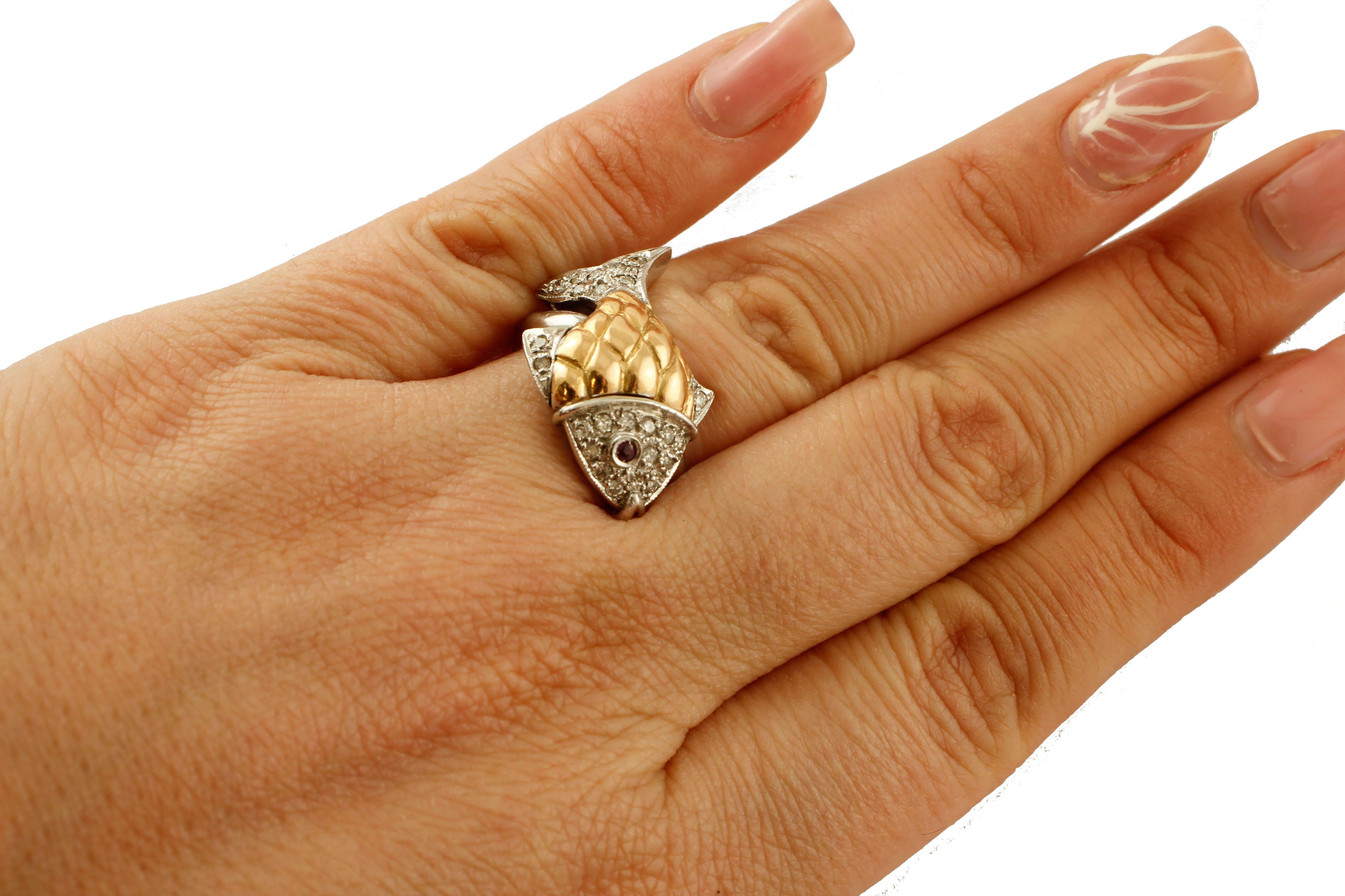 Retro Diamonds, Ruby, 14 Karat White and Yellow Gold Fish Ring