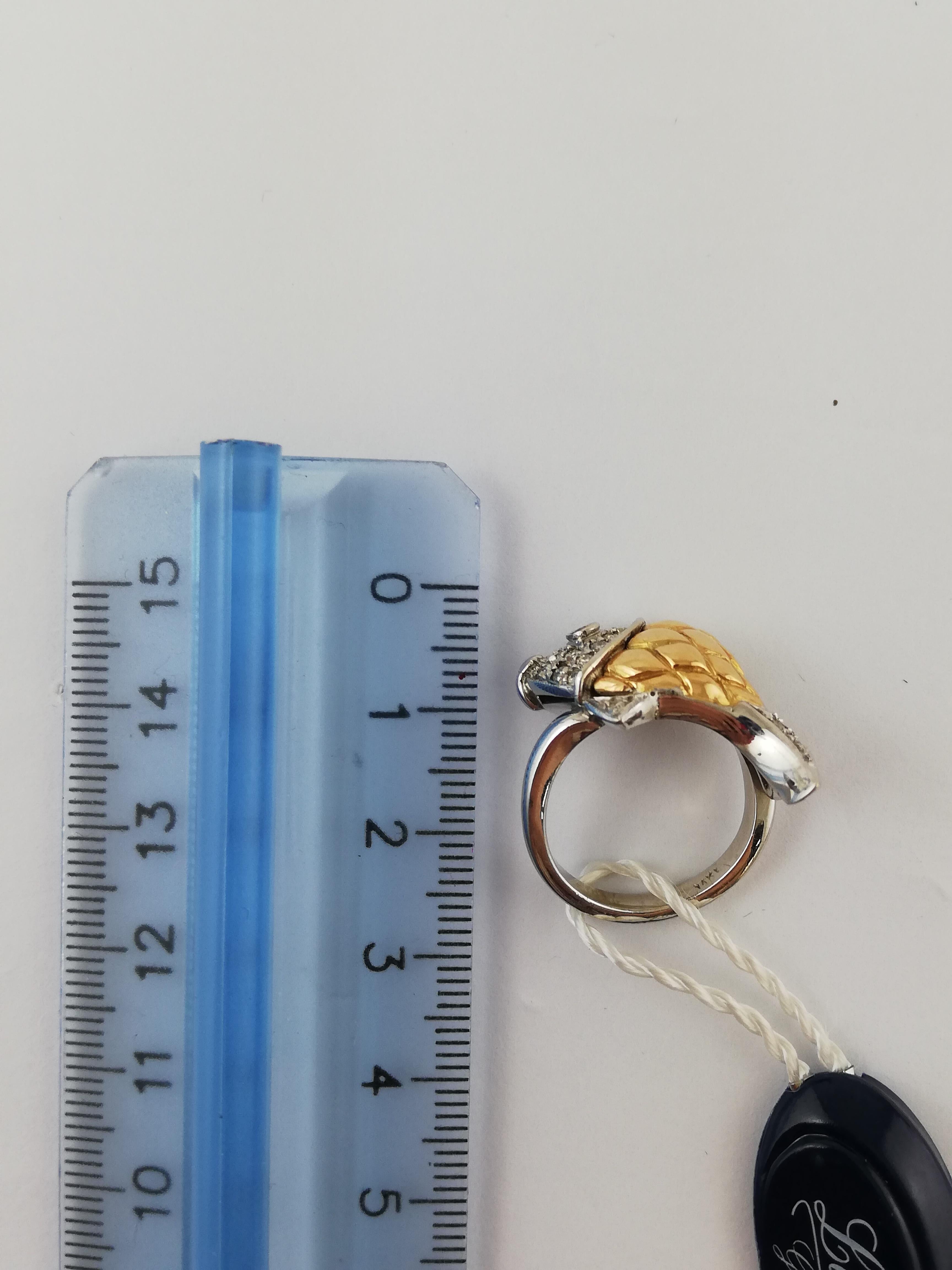 Round Cut Diamonds, Ruby, 14 Karat White and Yellow Gold Fish Ring