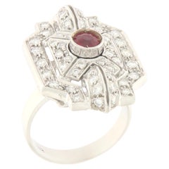 Anillo Cóctel Diamantes Rubí Oro Blanco 18 Kilates