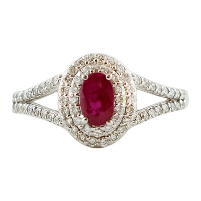 Diamonds, Ruby, 18 Karat White Gold Modern Ring For Sale