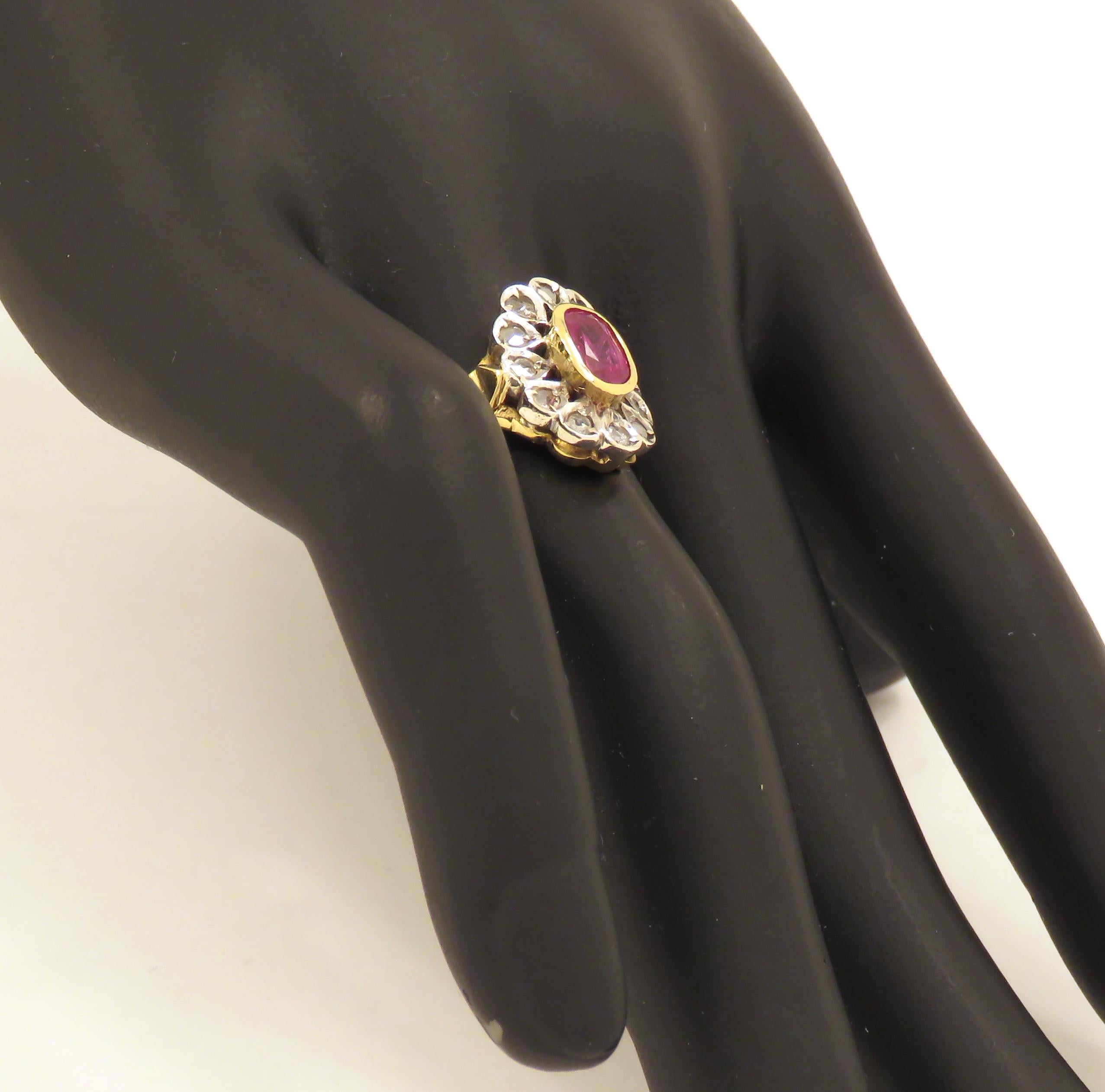 Diamonds Ruby 18 Karat Yellow Gold Silver Vintage Cluster Ring Handcrafted For Sale 3