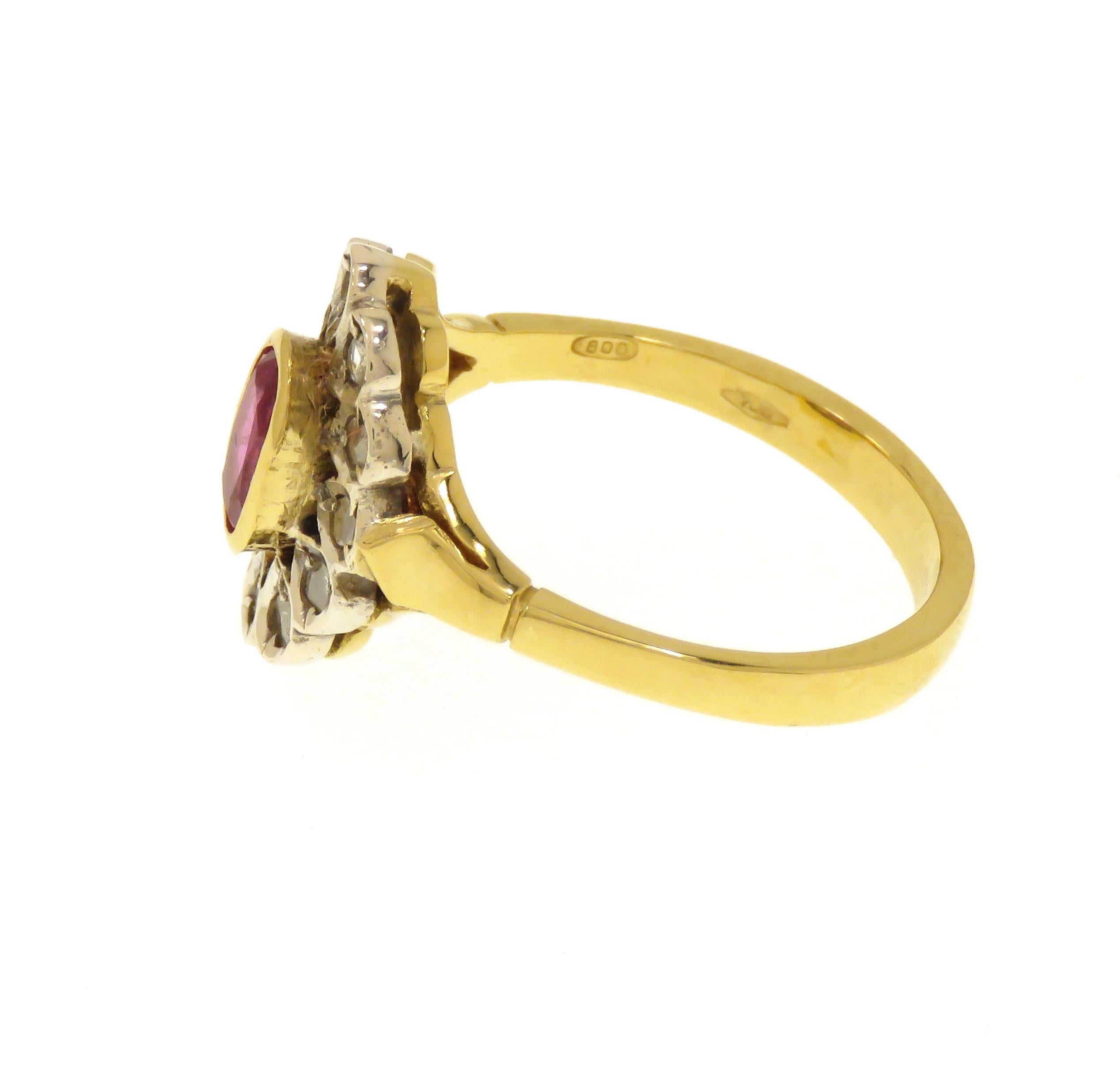 Diamonds Ruby 18 Karat Yellow Gold Silver Vintage Cluster Ring Handcrafted For Sale 4