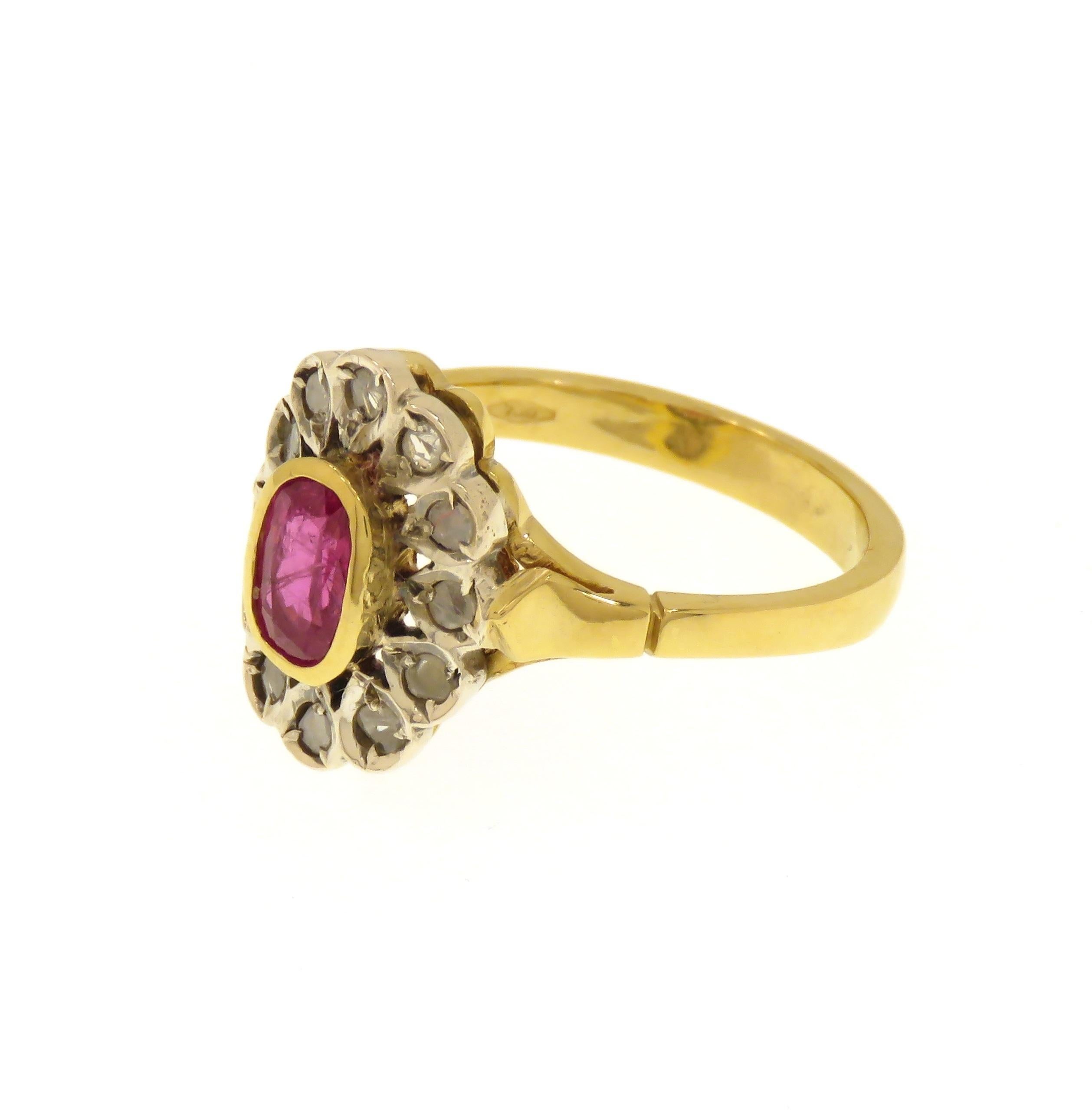 Diamonds Ruby 18 Karat Yellow Gold Silver Vintage Cluster Ring Handcrafted For Sale 5