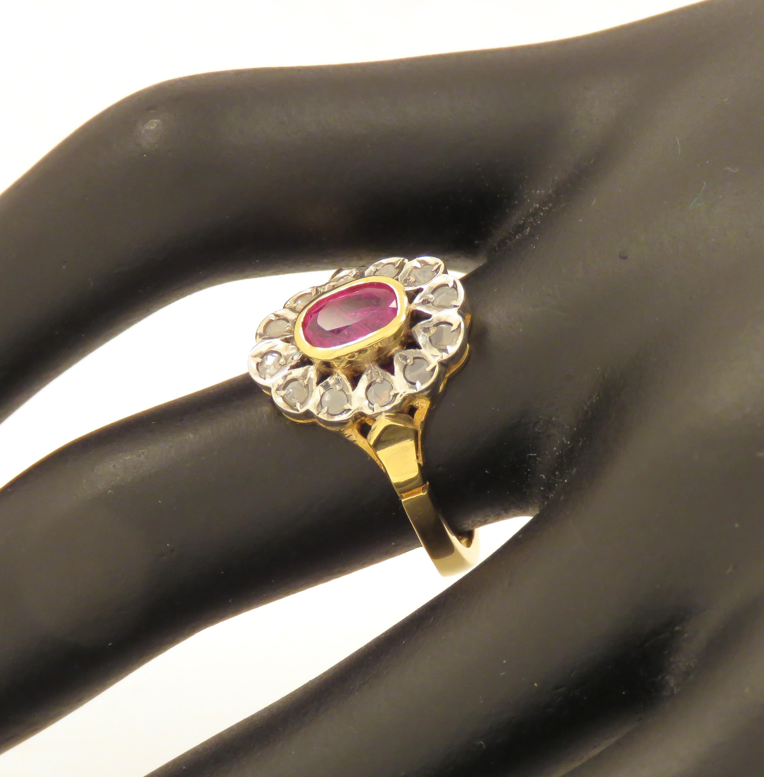 Diamonds Ruby 18 Karat Yellow Gold Silver Vintage Cluster Ring Handcrafted For Sale 6