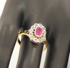 Diamonds Ruby 18 Karat Yellow Gold Silver Vintage Cluster Ring Handcrafted
