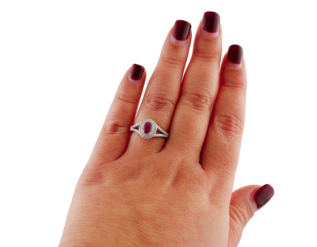 Women's Diamonds, Ruby, 18 Karat White Gold Modern Ring For Sale