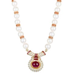 Diamonds, Ruby, and Pearls String Yellow Gold Pendant Neclace