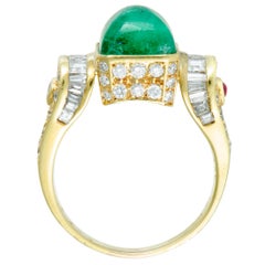 Diamonds Ruby and Rectangle Emerald Cabochon Yellow Gold Ring