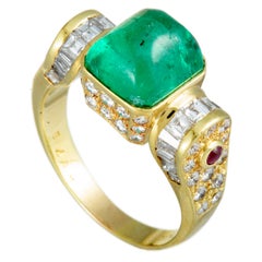 Diamonds Ruby and Rectangle Emerald Cabochon Yellow Gold Ring