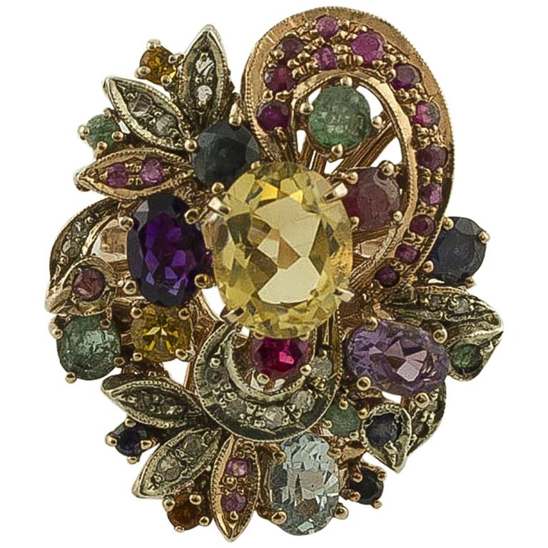 Diamonds Ruby Emerald Sapphires Topazes Amethyst Rose Gold Silver Ring