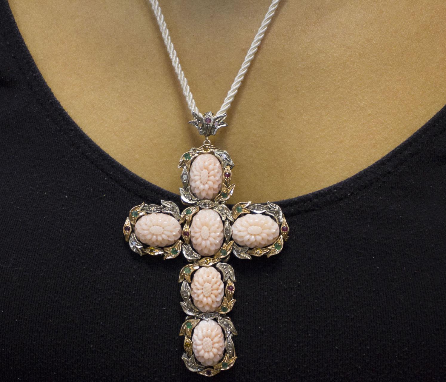 Diamonds, Ruby, Emerald, Sapphire, Pink Corals Rose Gold and Silver Cross Necklace 1