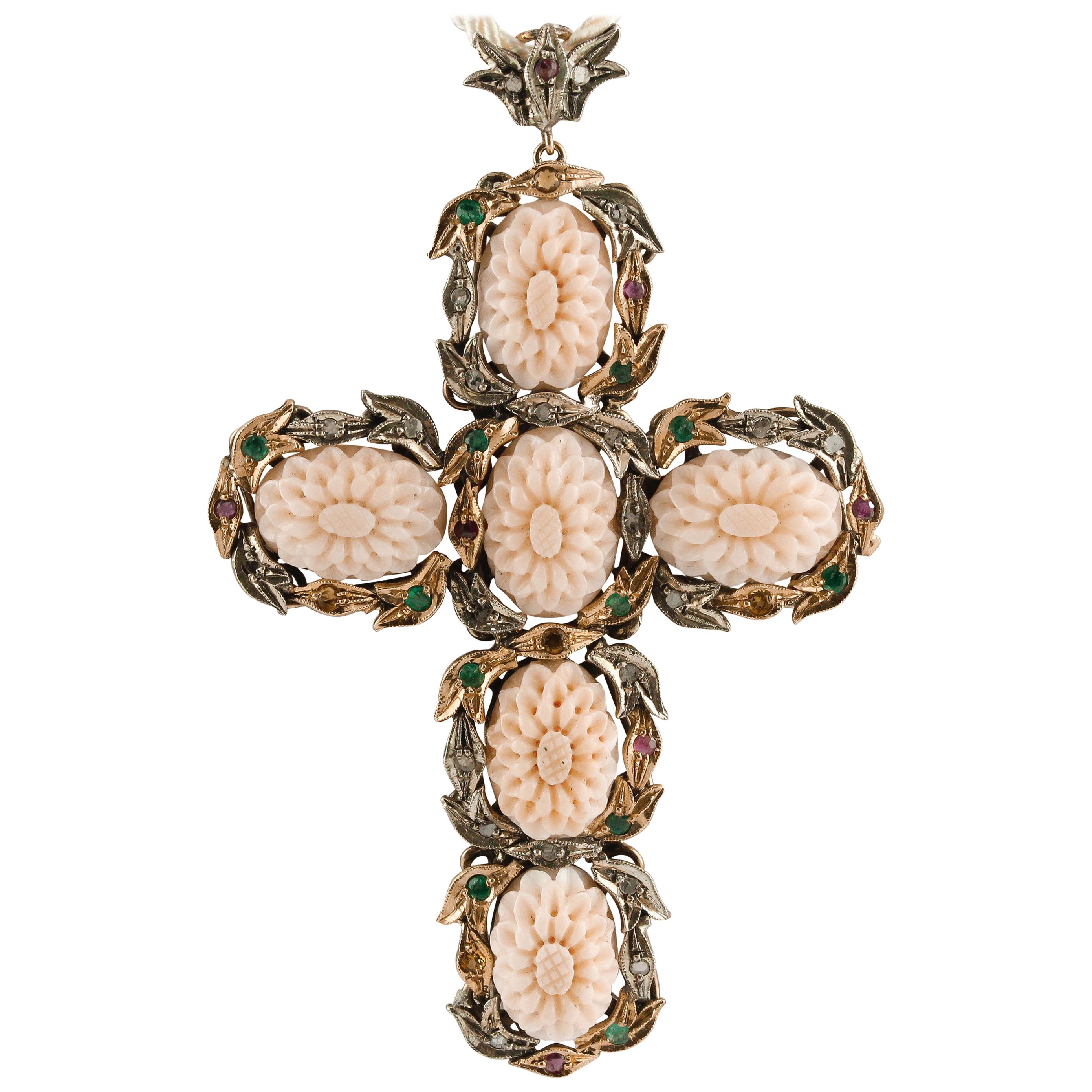 Diamonds, Ruby, Emerald, Sapphire, Pink Corals Rose Gold and Silver Cross Necklace