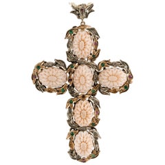 Diamonds, Ruby, Emerald, Sapphire, Pink Corals Rose Gold and Silver Cross Necklace