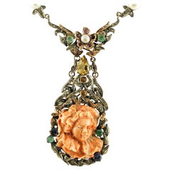 Diamanti, rubini, smeraldi e zaffiri,  Collana Retrò in corallo, perle e oro/argento