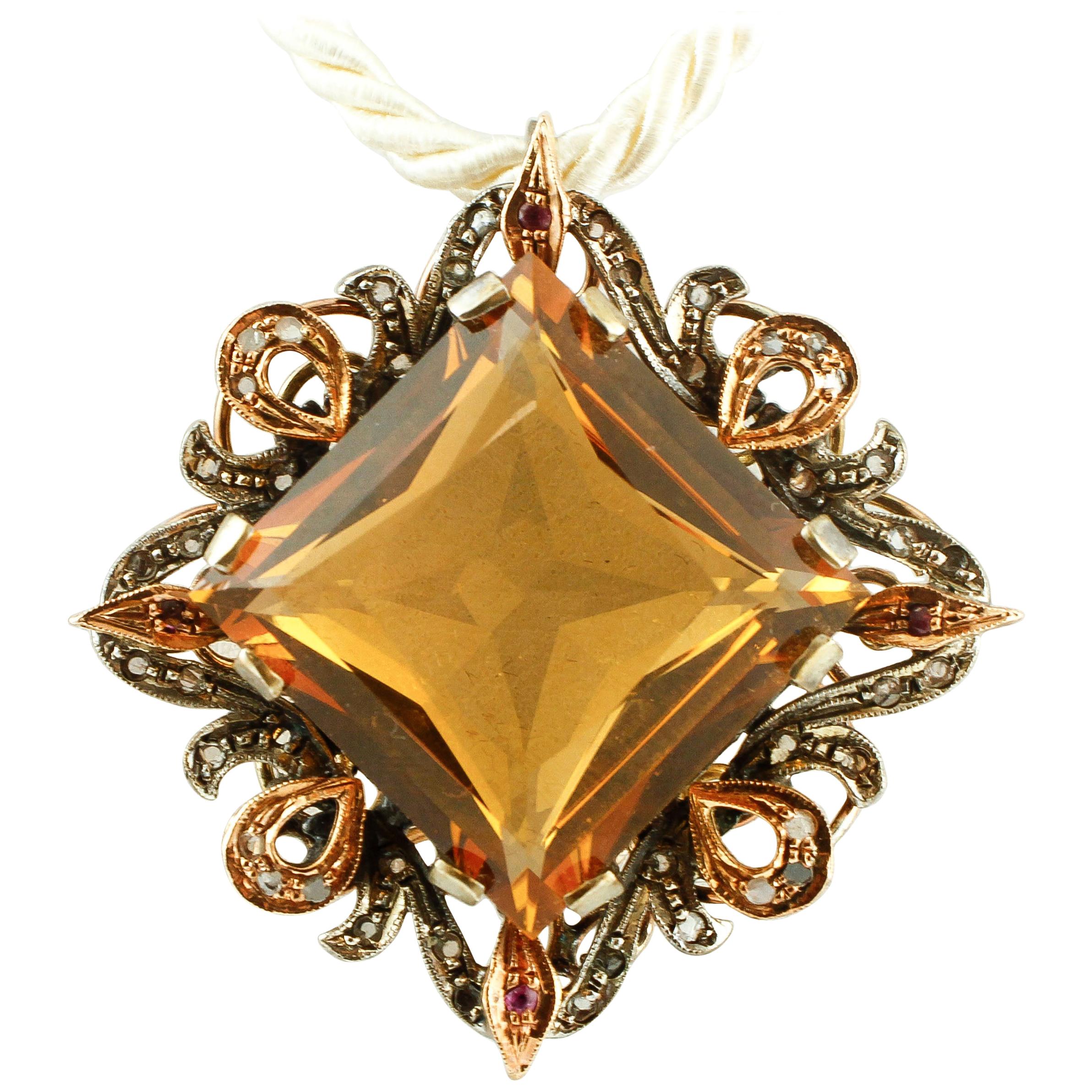 Diamonds, Ruby, Hard Stone 9 Karat Rose Gold and Silver Retro Pendant
