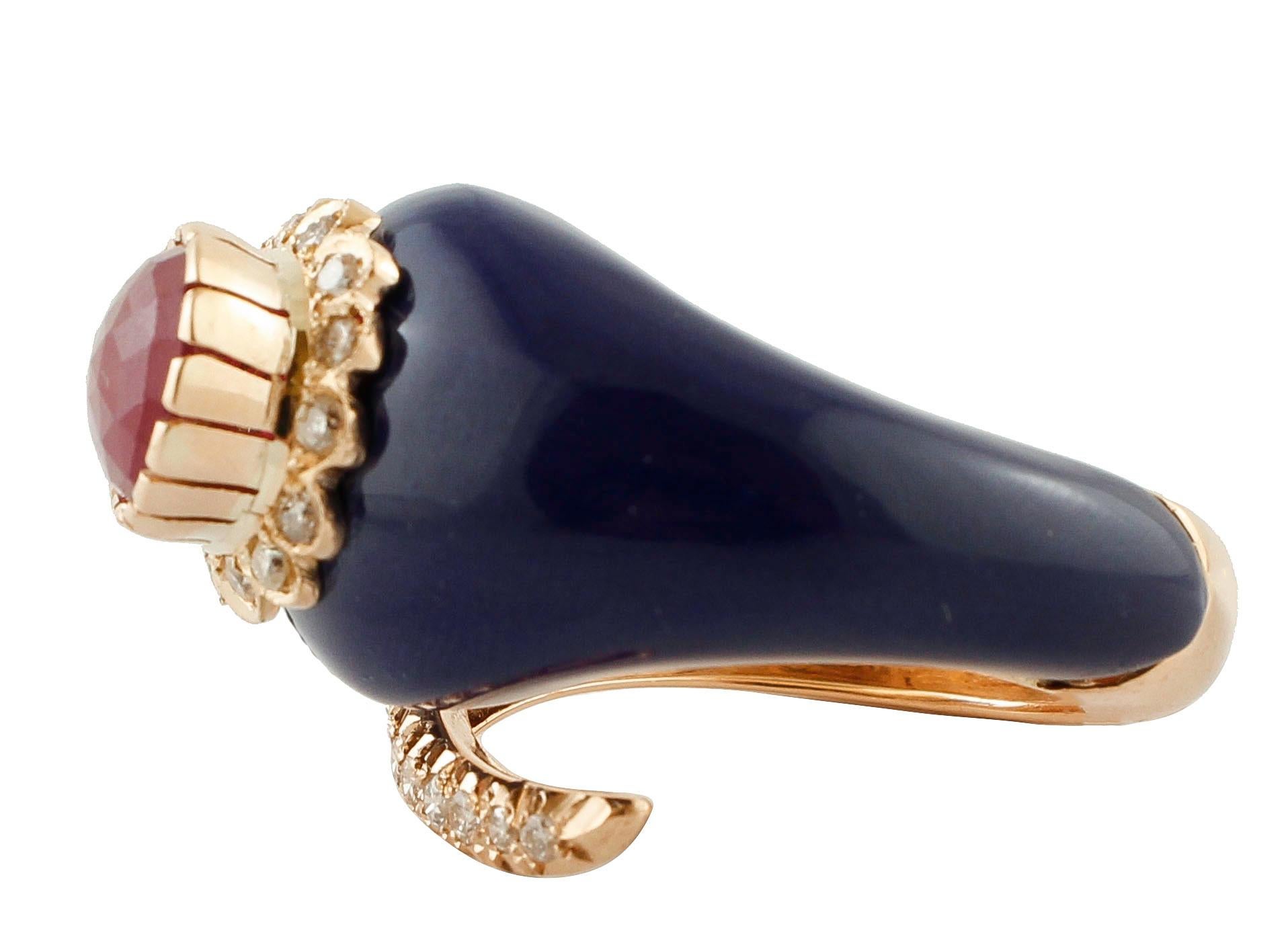 Retro Diamonds, Ruby, Lapis, Rose Gold Snake Shape Fashion Ring