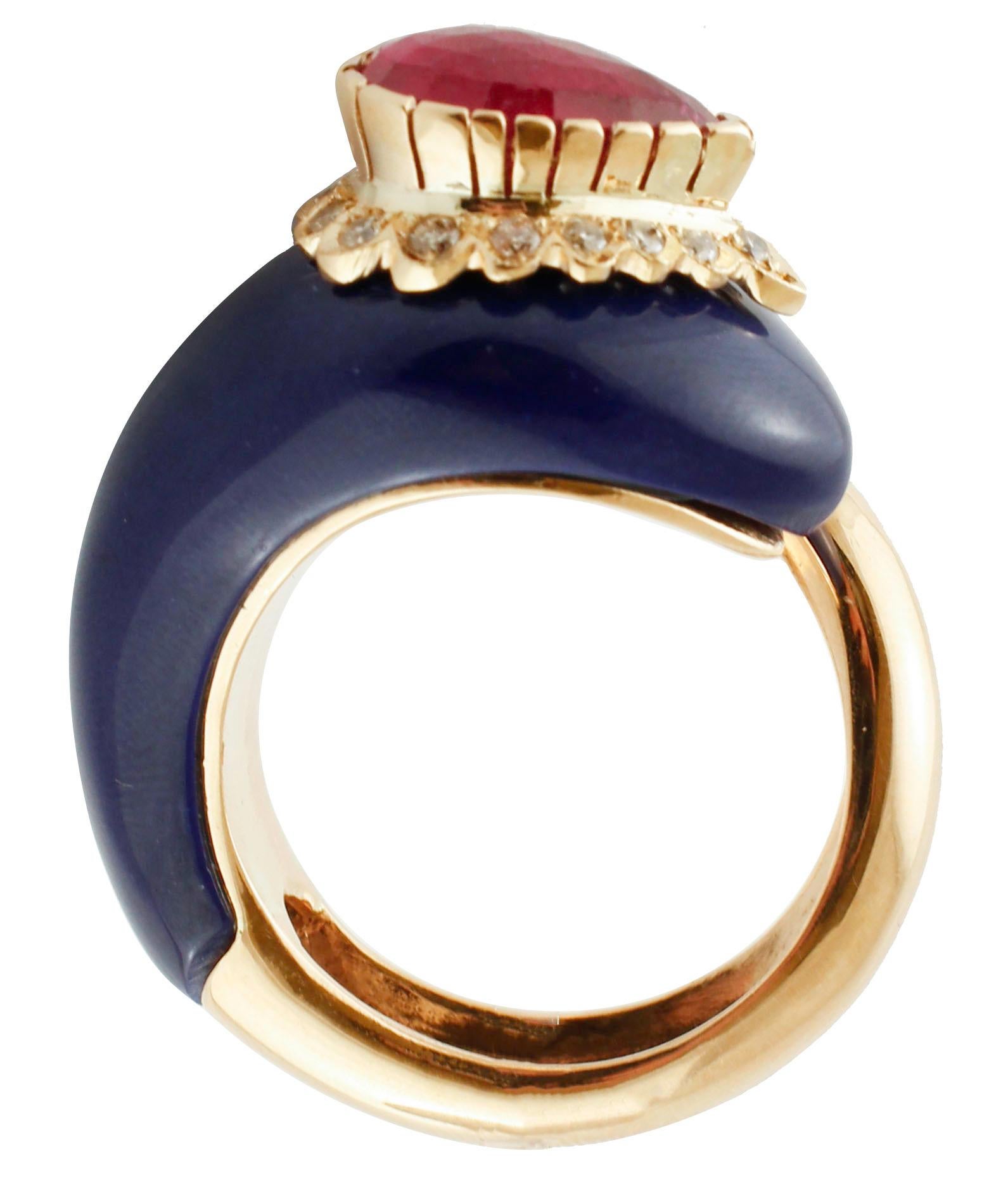 Women's Diamonds, Ruby, Lapis, Rose Gold Snake Shape Fashion Ring For Sale