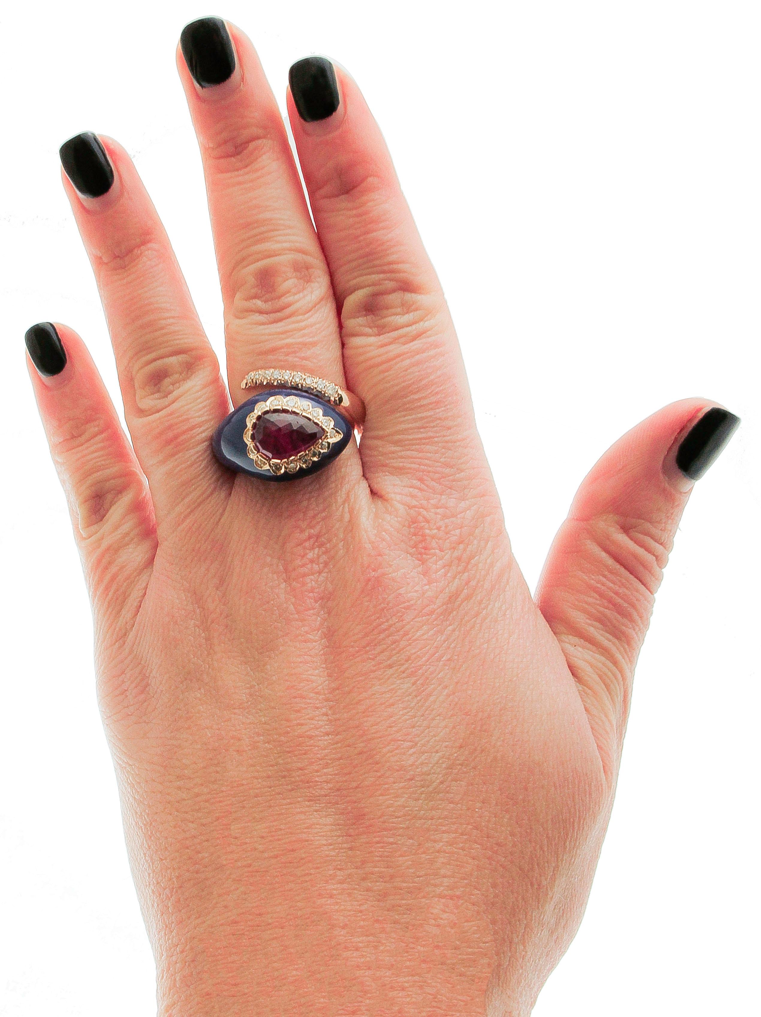 Diamonds, Ruby, Lapis, Rose Gold Snake Shape Fashion Ring For Sale 1