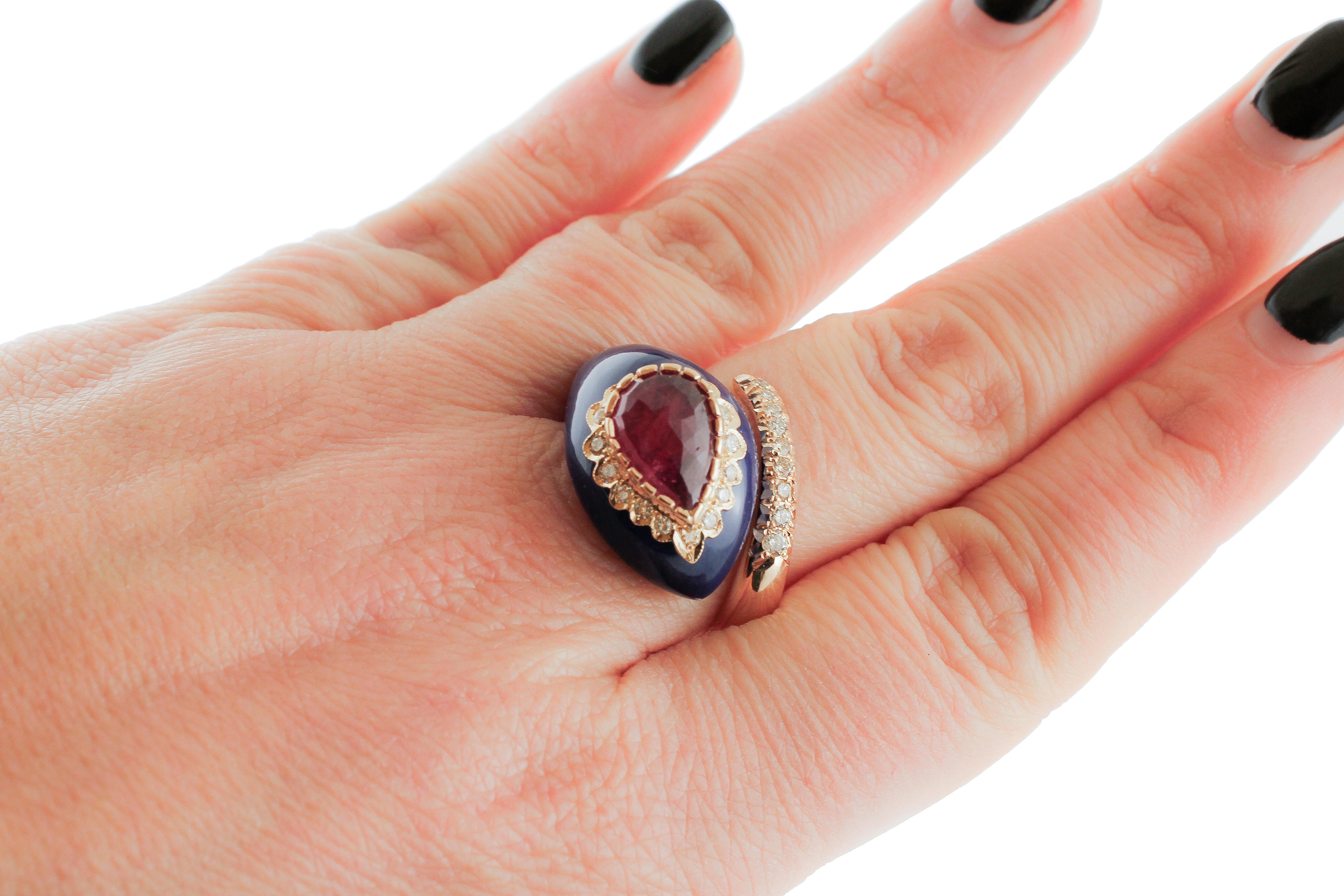 Diamonds, Ruby, Lapis, Rose Gold Snake Shape Fashion Ring For Sale 2