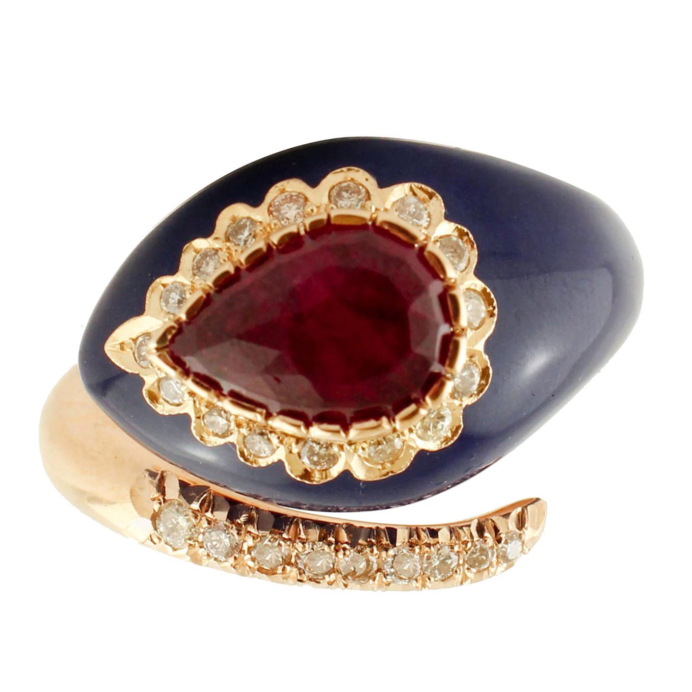 Diamonds, Ruby, Lapis, Rose Gold Snake Shape Fashion Ring For Sale
