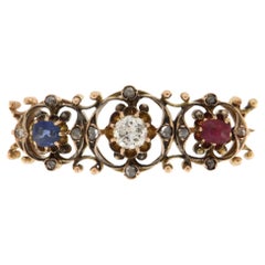 Diamonds Ruby Sapphire 14 Carat Yellow Gold Brooch