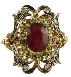 Diamonds, Ruby, Tsavorite, 9 Karat Rose Gold and Silver Retro Ring