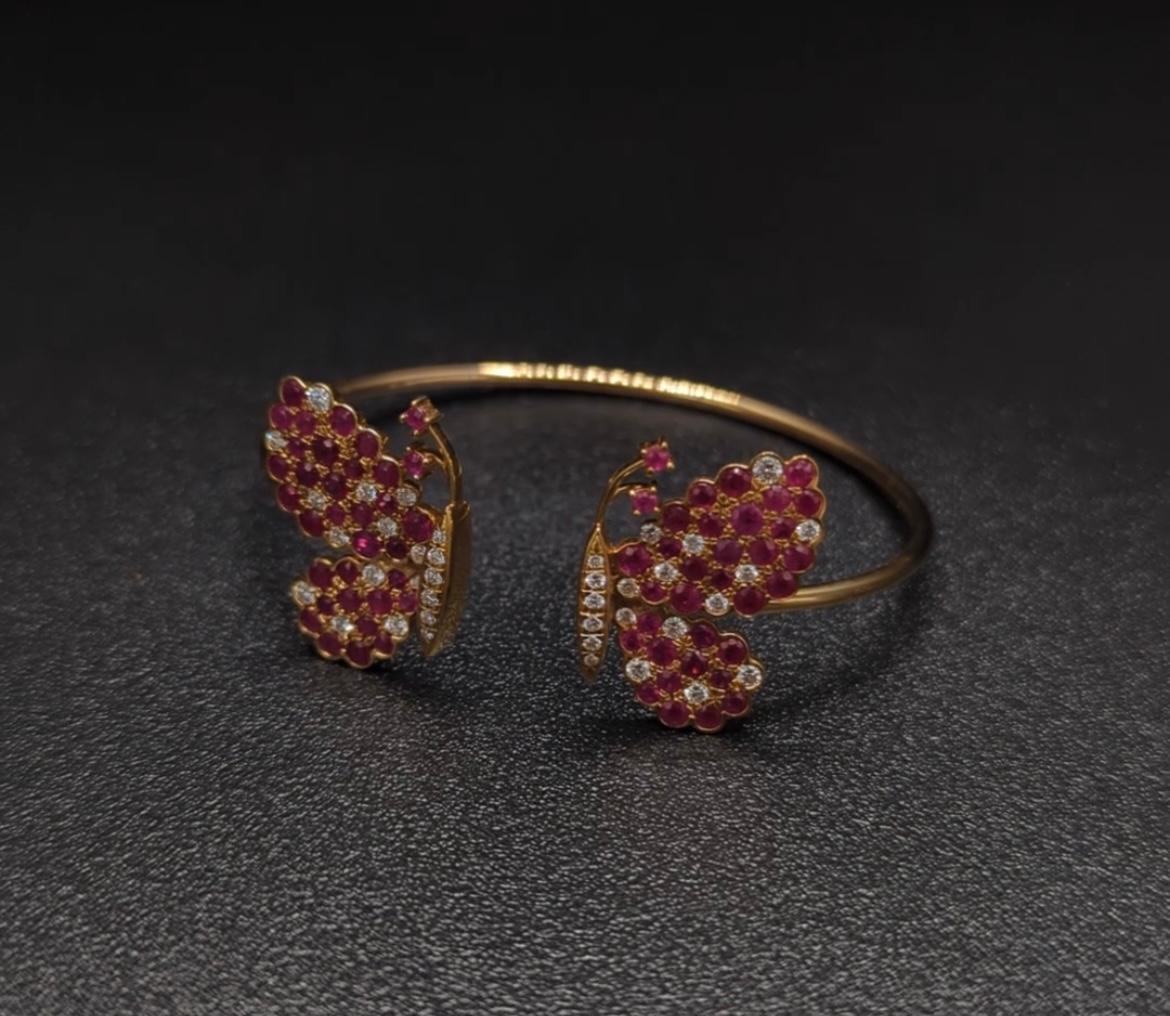 Brilliant Cut Diamonds, Rubys  & 18K  Rose Gold Butterfly Bracelet For Sale