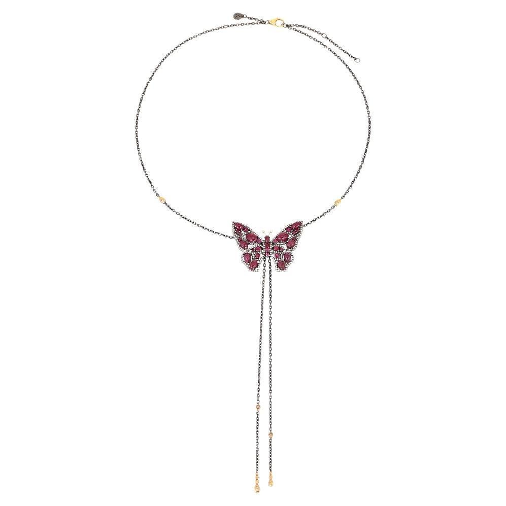 Diamonds, Rubys, Silver & 18K Gold Butterfly Necklace For Sale