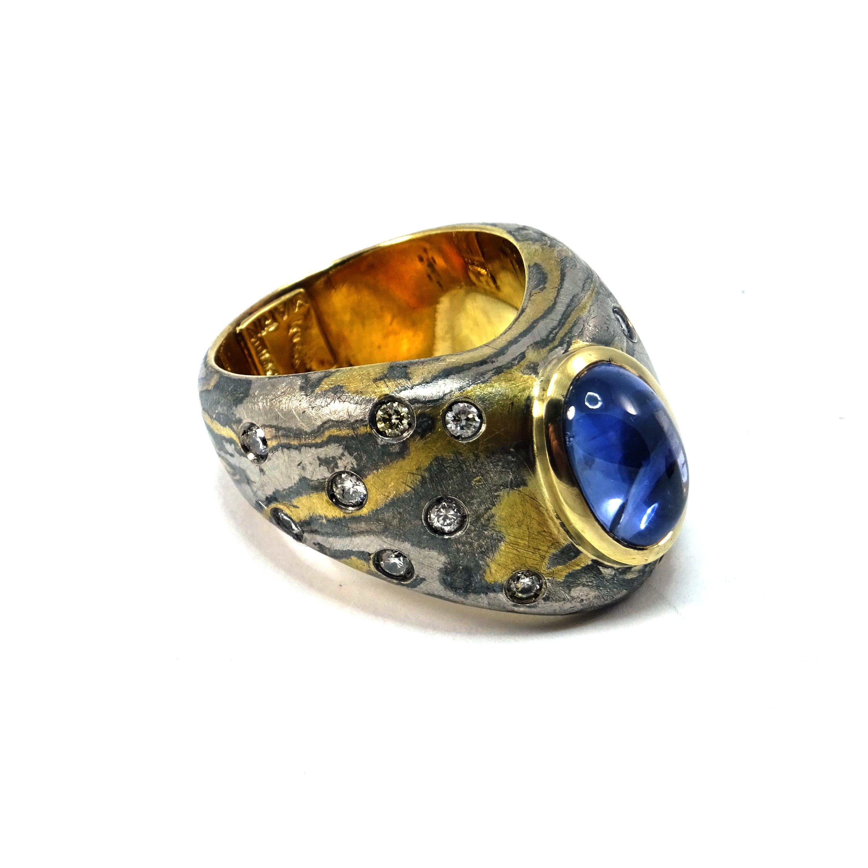 Contemporary Diamonds Blue Sapphire 18 Karat Gold Sterling Silver Paladium Dome Ring For Sale