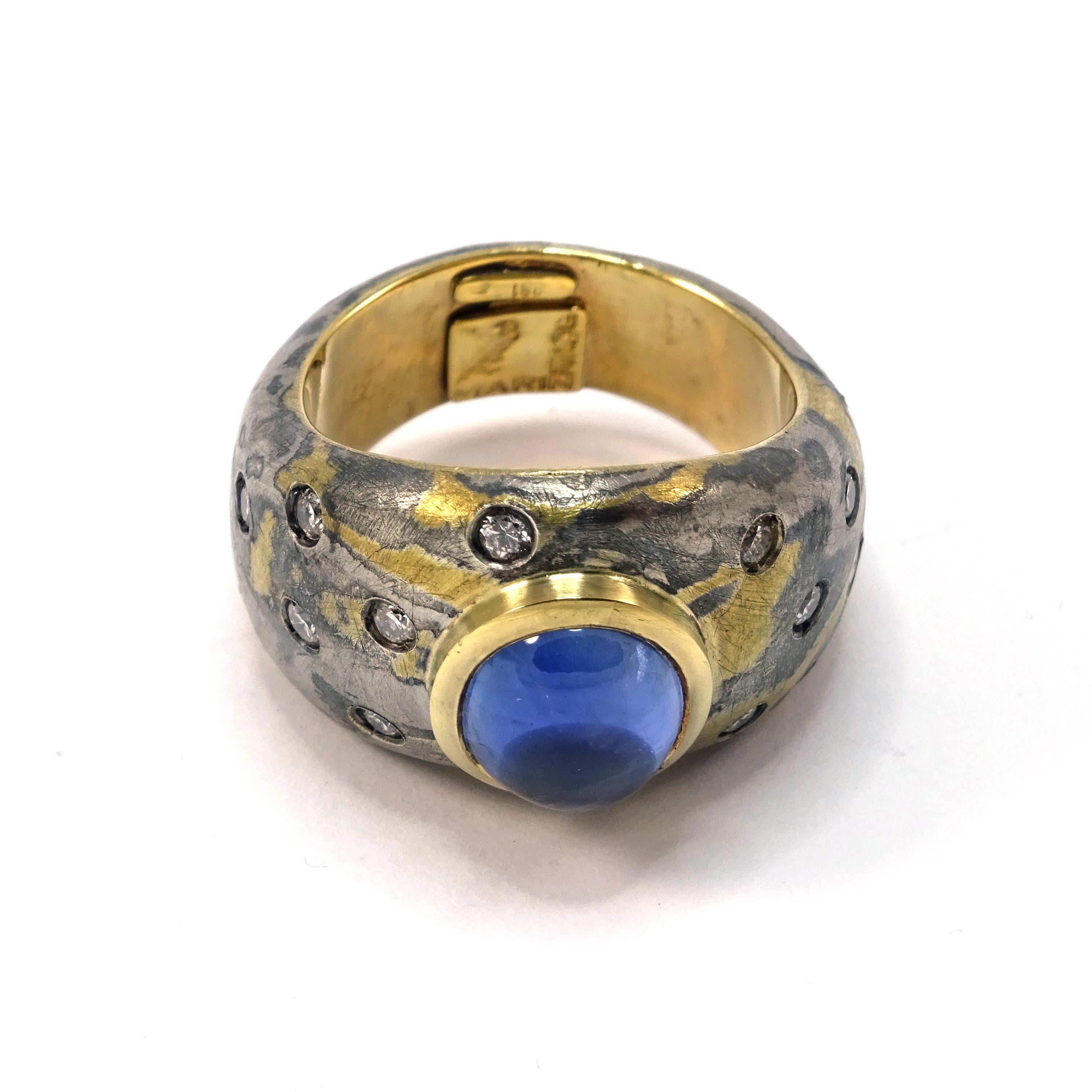Diamonds Blue Sapphire 18 Karat Gold Sterling Silver Paladium Dome Ring In New Condition For Sale In València, ES