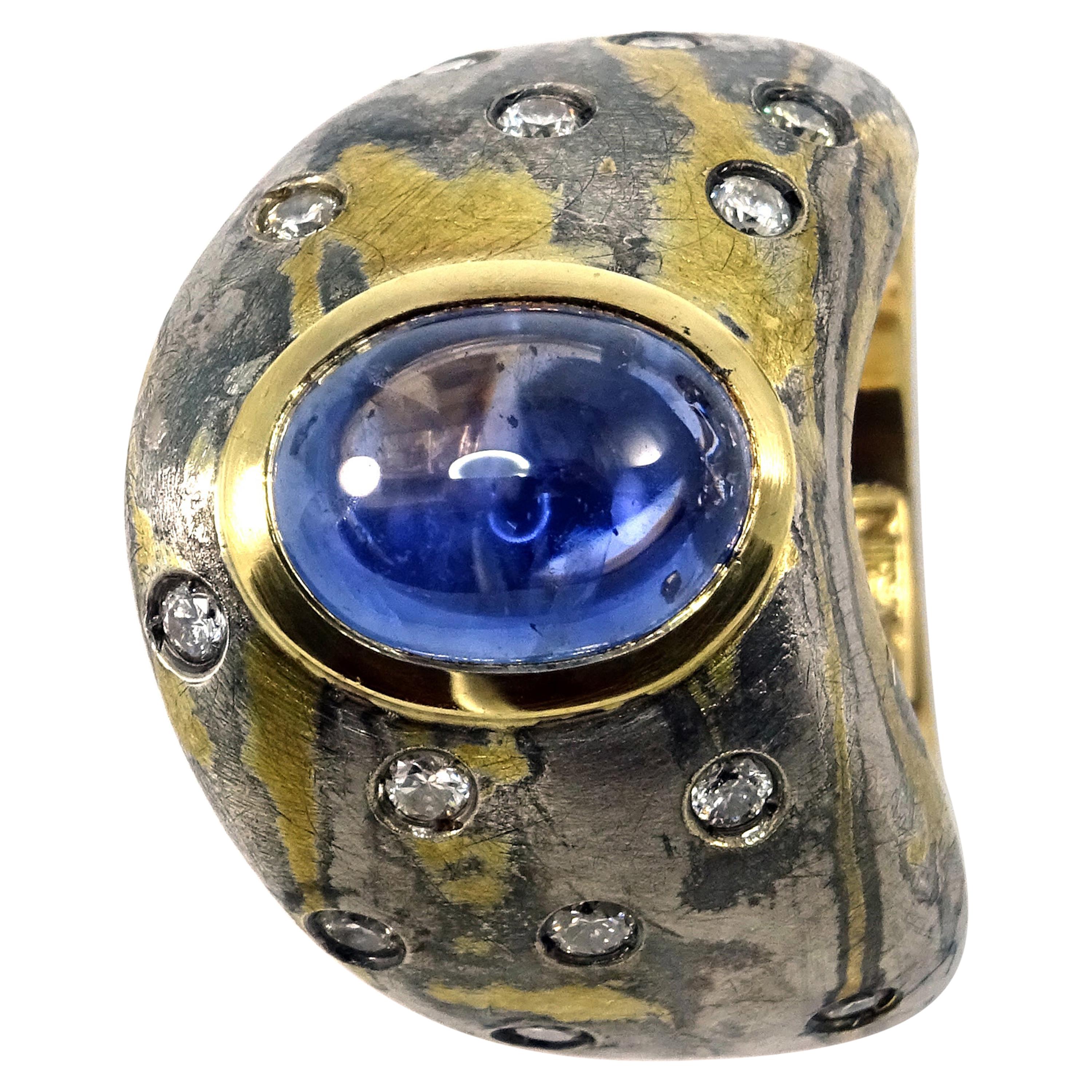 Diamonds Blue Sapphire 18 Karat Gold Sterling Silver Paladium Dome Ring For Sale