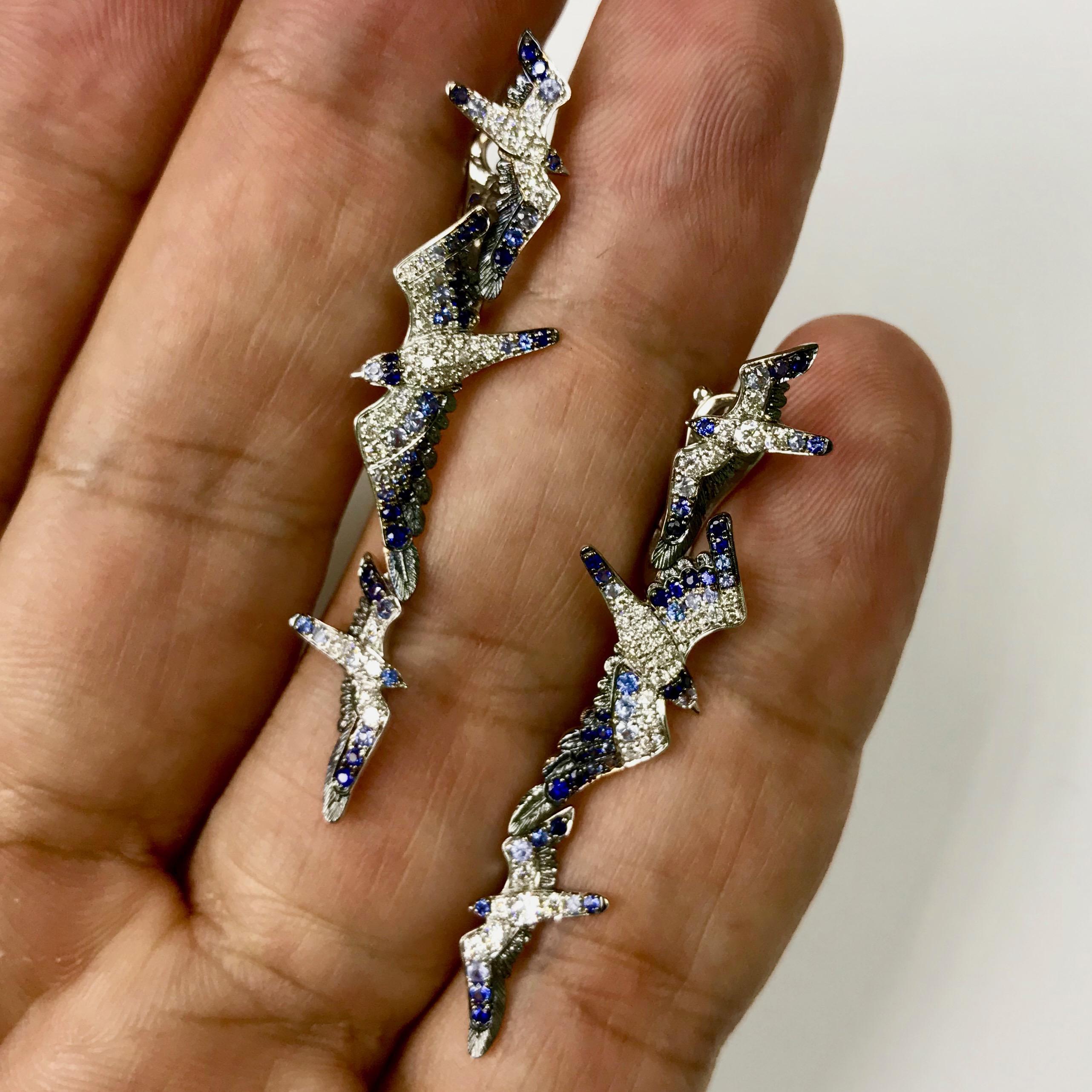 Contemporary Diamonds Sapphire 18 Karat White Gold Seagull Earrings For Sale