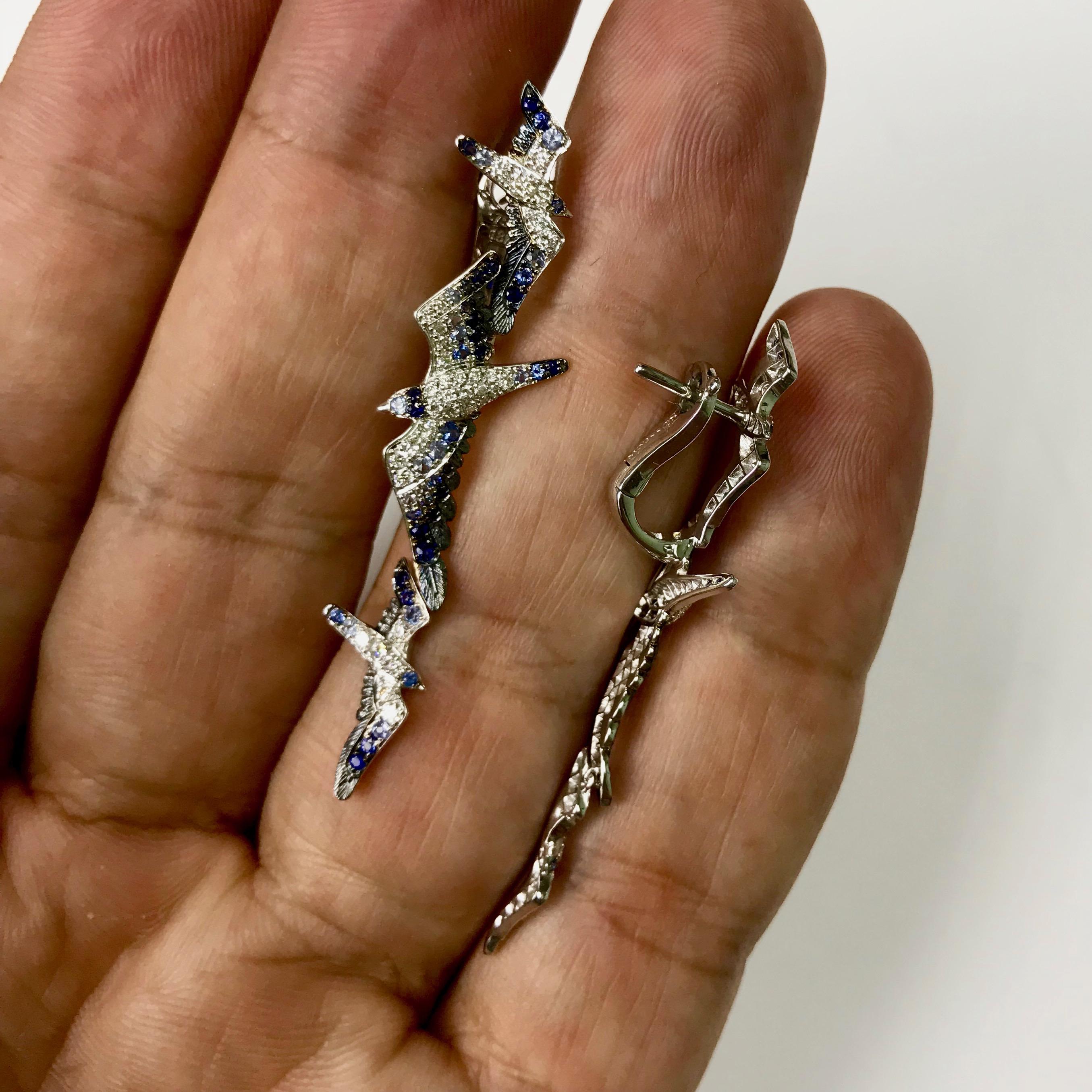 Round Cut Diamonds Sapphire 18 Karat White Gold Seagull Earrings
