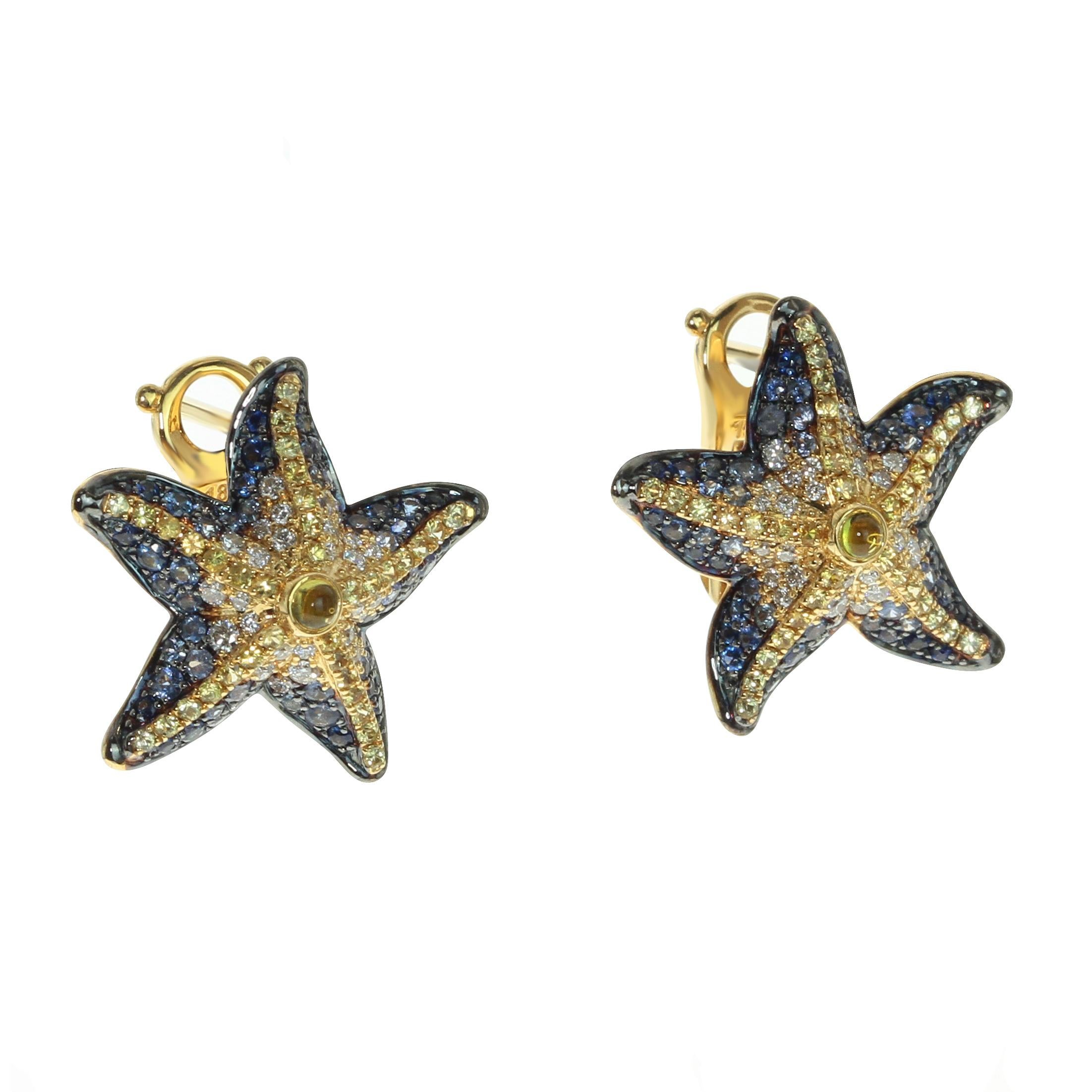 Diamonds Sapphire 18 Karat Yellow Gold Sea Star Earrings

Dream on Sunny Sea Holidays? With this Sea Star Earrings all the colours of the reef will be always with you. Check the graduation of the colours, and how the shape of the Sea Star fit the