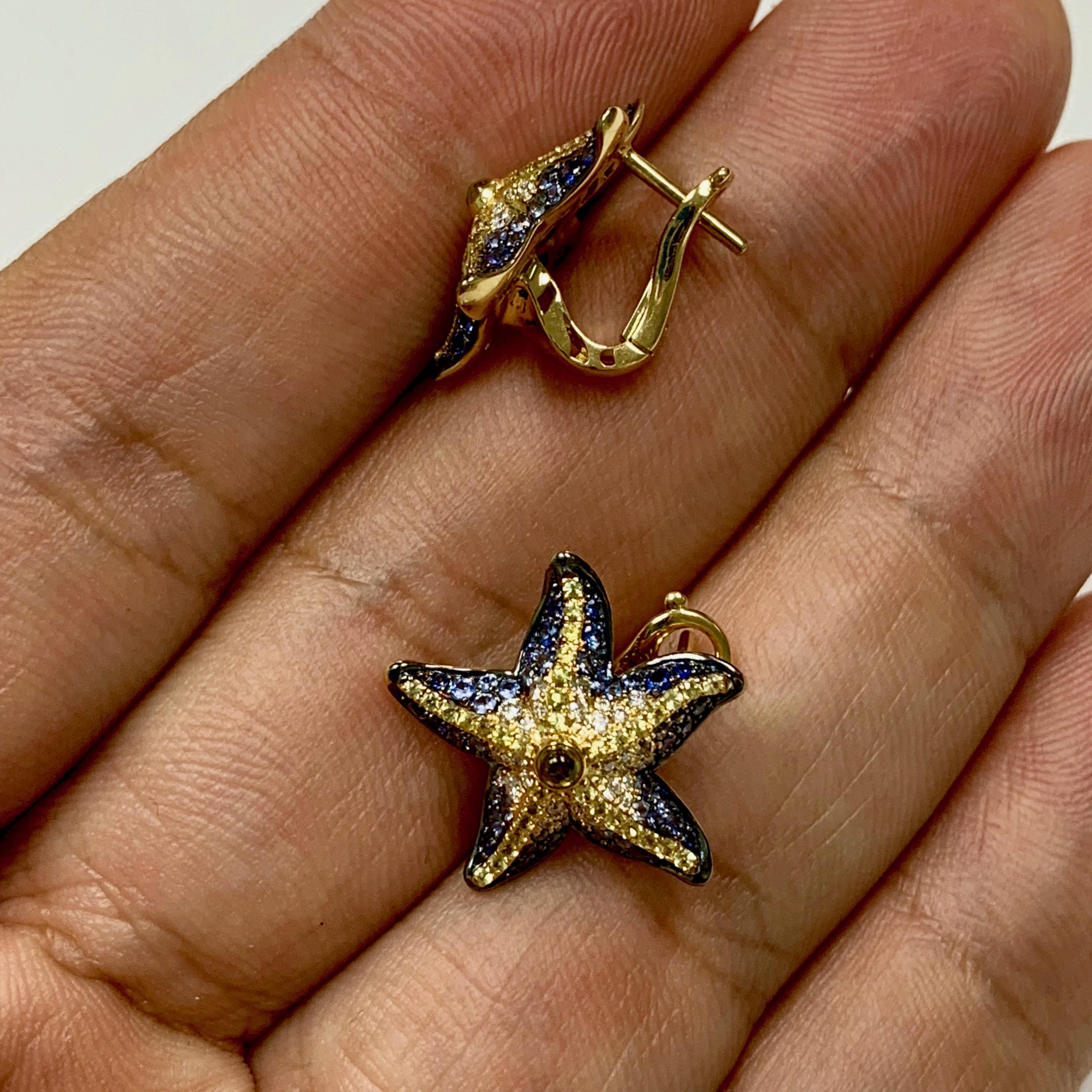 Round Cut Diamonds Sapphire 18 Karat Yellow Gold Sea Star Earrings