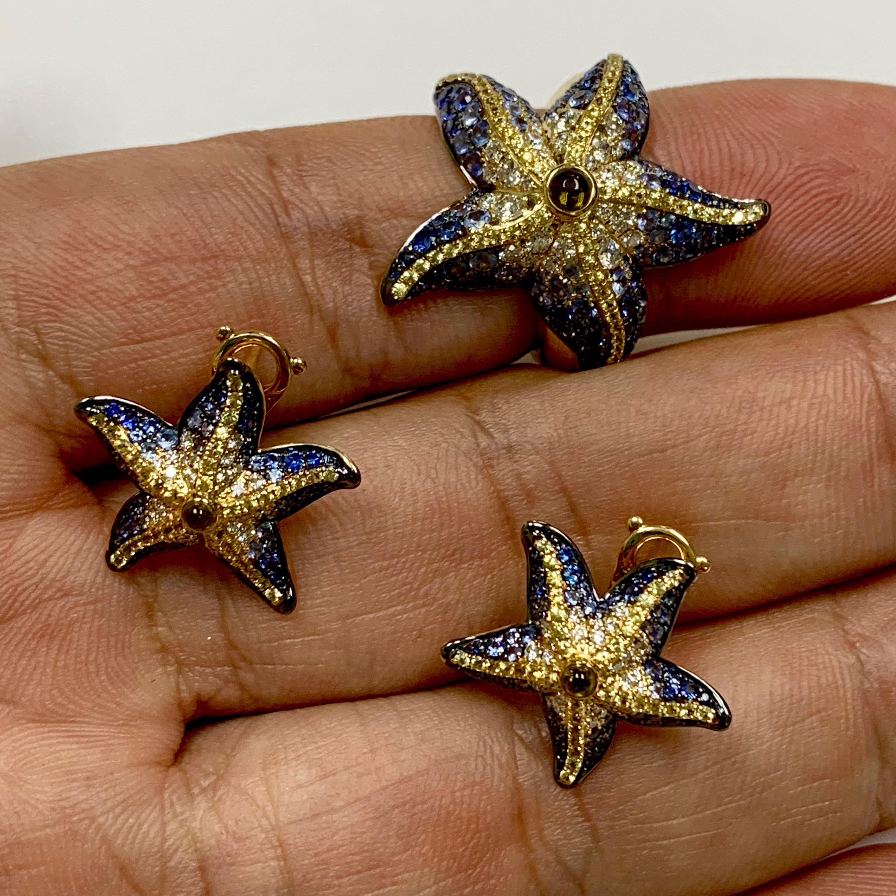 Contemporary Diamonds Sapphire 18 Karat Yellow Gold Sea Star Earrings For Sale