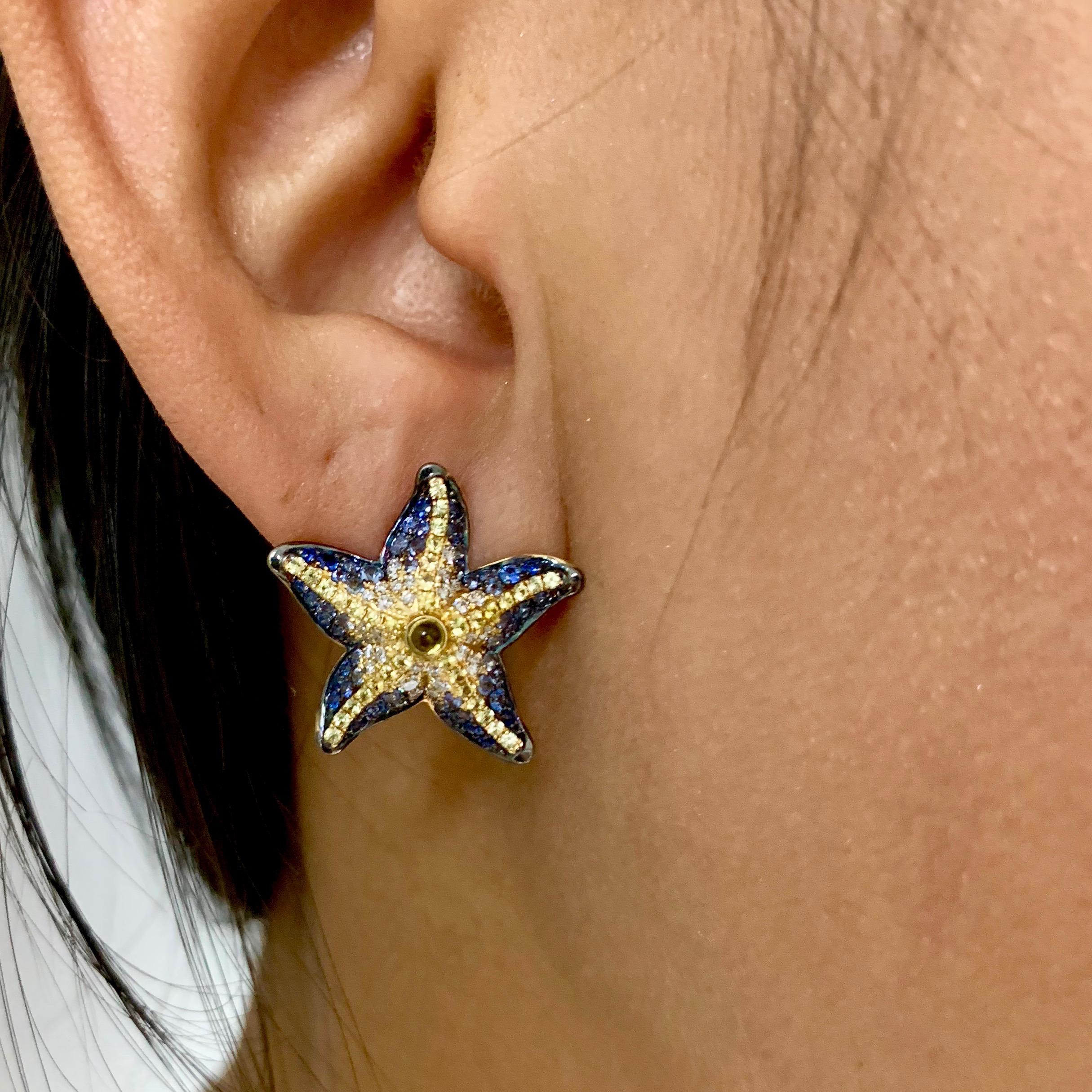 Round Cut Diamonds Sapphire 18 Karat Yellow Gold Sea Star Earrings For Sale