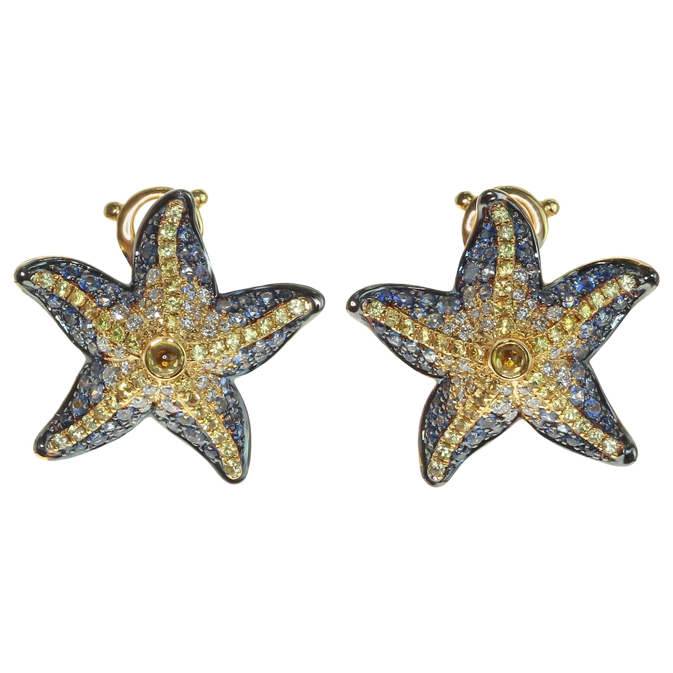 Diamonds Sapphire 18 Karat Yellow Gold Sea Star Earrings For Sale
