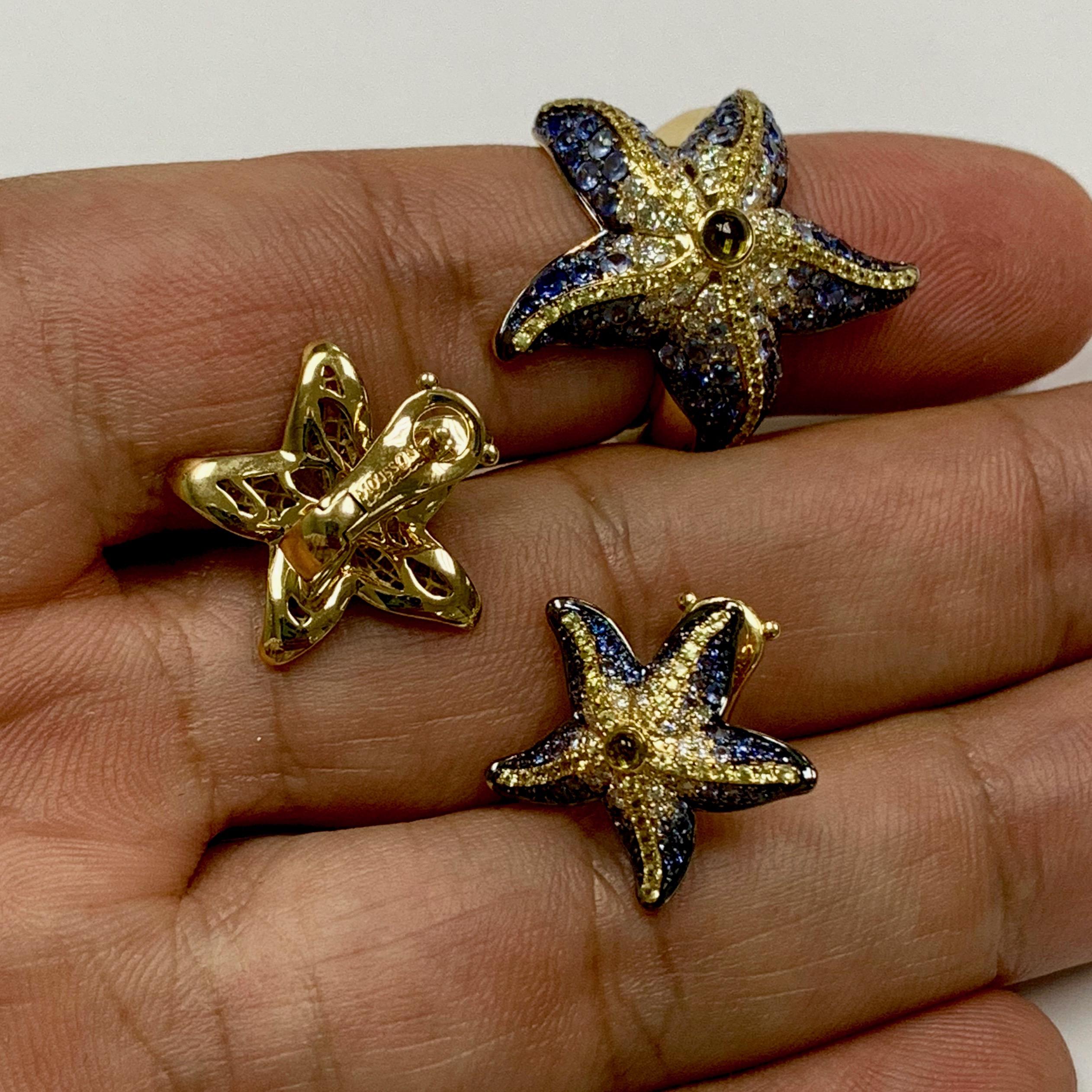Contemporary Diamonds Sapphire 18 Karat Yellow Gold Sea Star Ring Earrings Suite For Sale