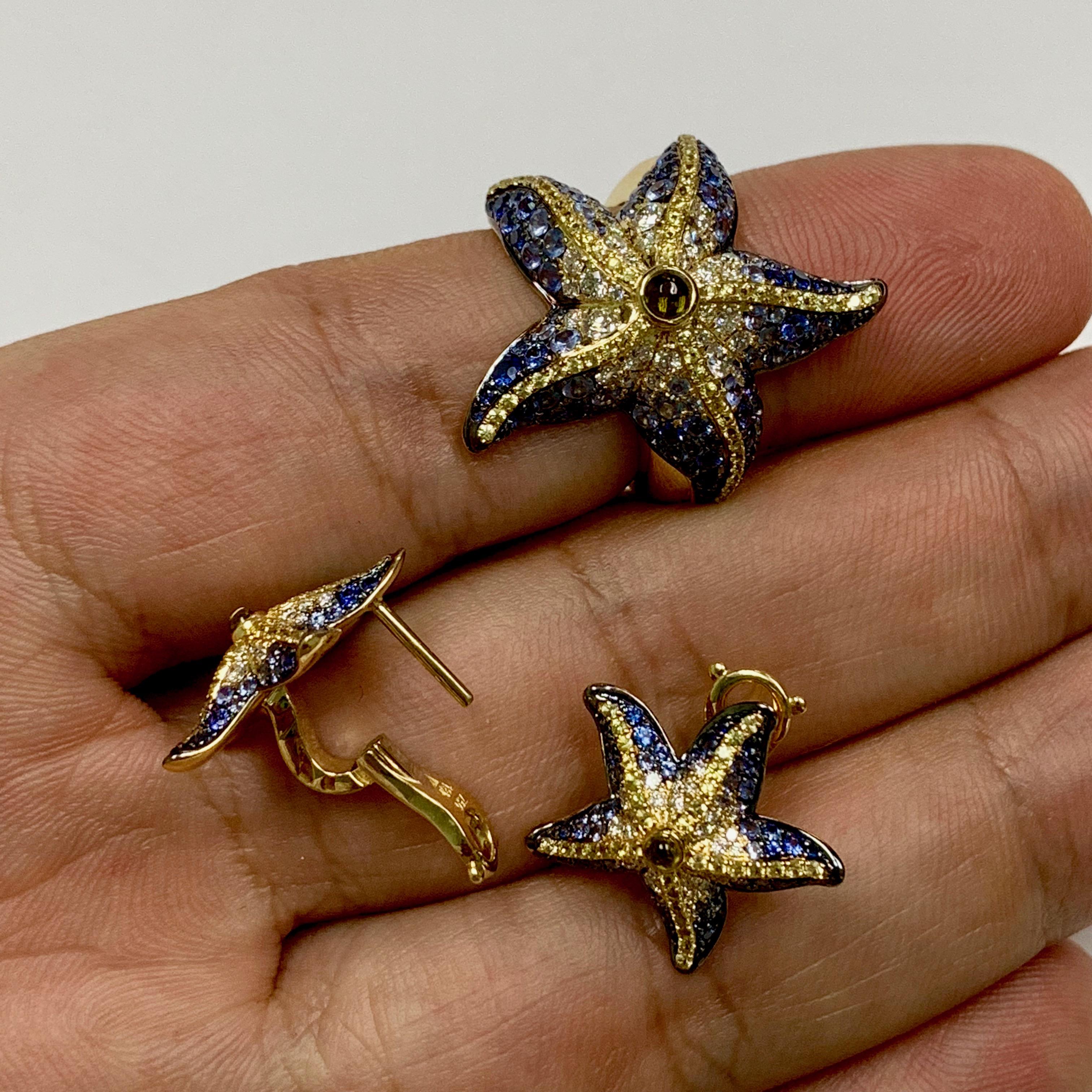 Round Cut Diamonds Sapphire 18 Karat Yellow Gold Sea Star Ring Earrings Suite For Sale