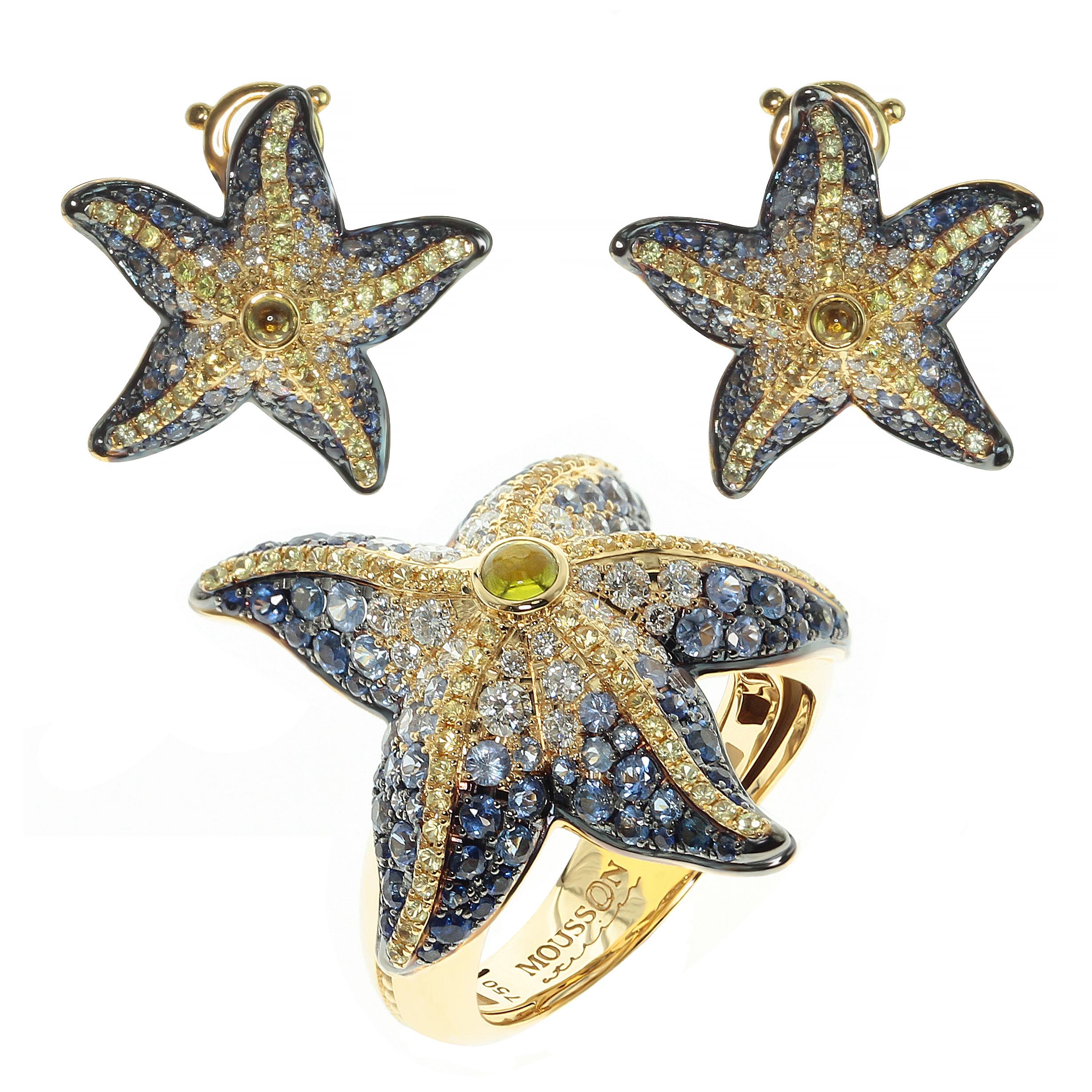 Diamonds Sapphire 18 Karat Yellow Gold Sea Star Ring Earrings Suite For Sale