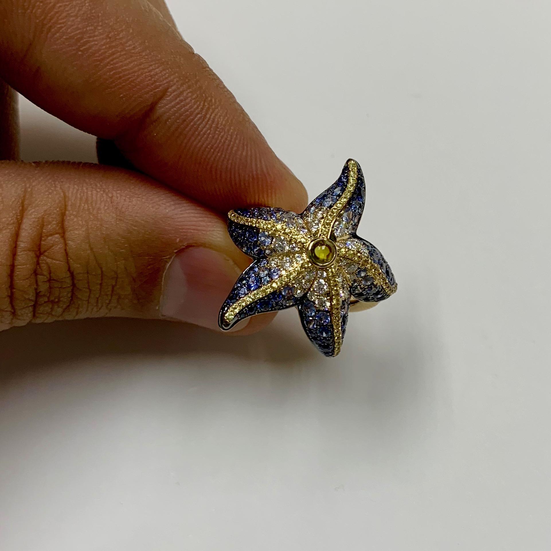 Diamonds Sapphire 18 Karat Yellow Gold Sea Star Ring

Dream on Sunny Sea Holidays? With this Sea Star Ring all the colours of the reef will be always with you.
Check the graduation of the colours, and how the shape of the Sea Star fit the finger